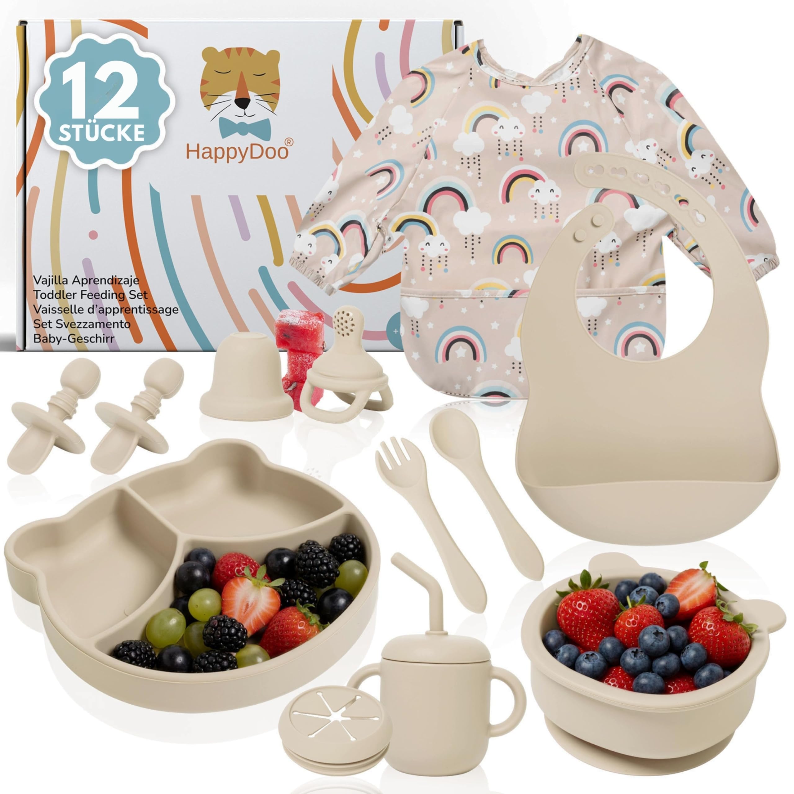 Baby Geschirrset aus Silikon 12-teilig | mit Teller mit Saugnapf, Schüssel, Becher, Besteck, wasserdichten Lätzchen und Fruchtsauger | BPA-frei | mikrowellen- und spülmaschinengeeignet