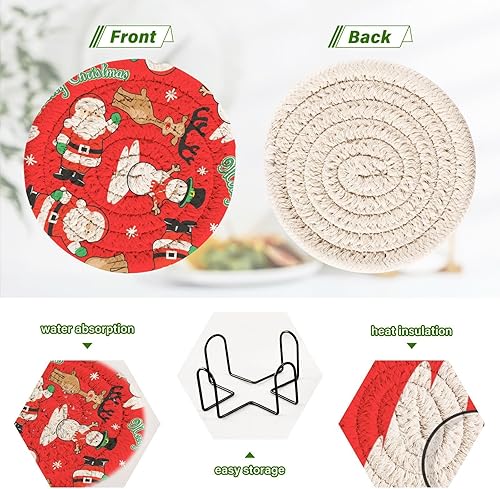 Miniatura 4 de innewgogo Santa Friends Christmas 6 Pcs Absorbent Drink Coasters for Tabletop Protection Handmade Round Woven Coaster with Holder & Heat Water