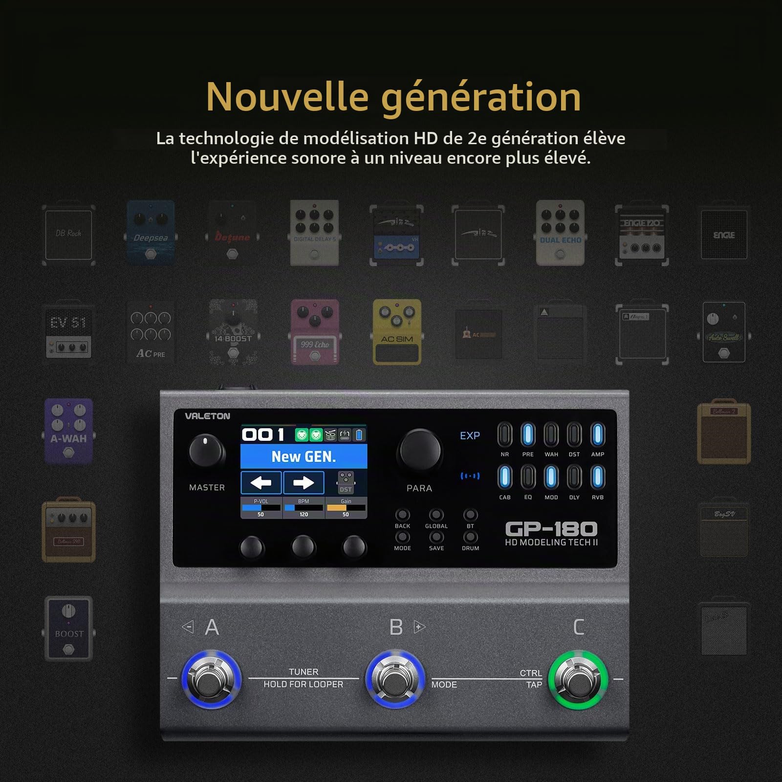 VALETON Processeur multi-effets pour guitare avec modélisation HD, 200+ effets, support IR & NAM, looper, boîte à rythmes, interface audio USB GP-180