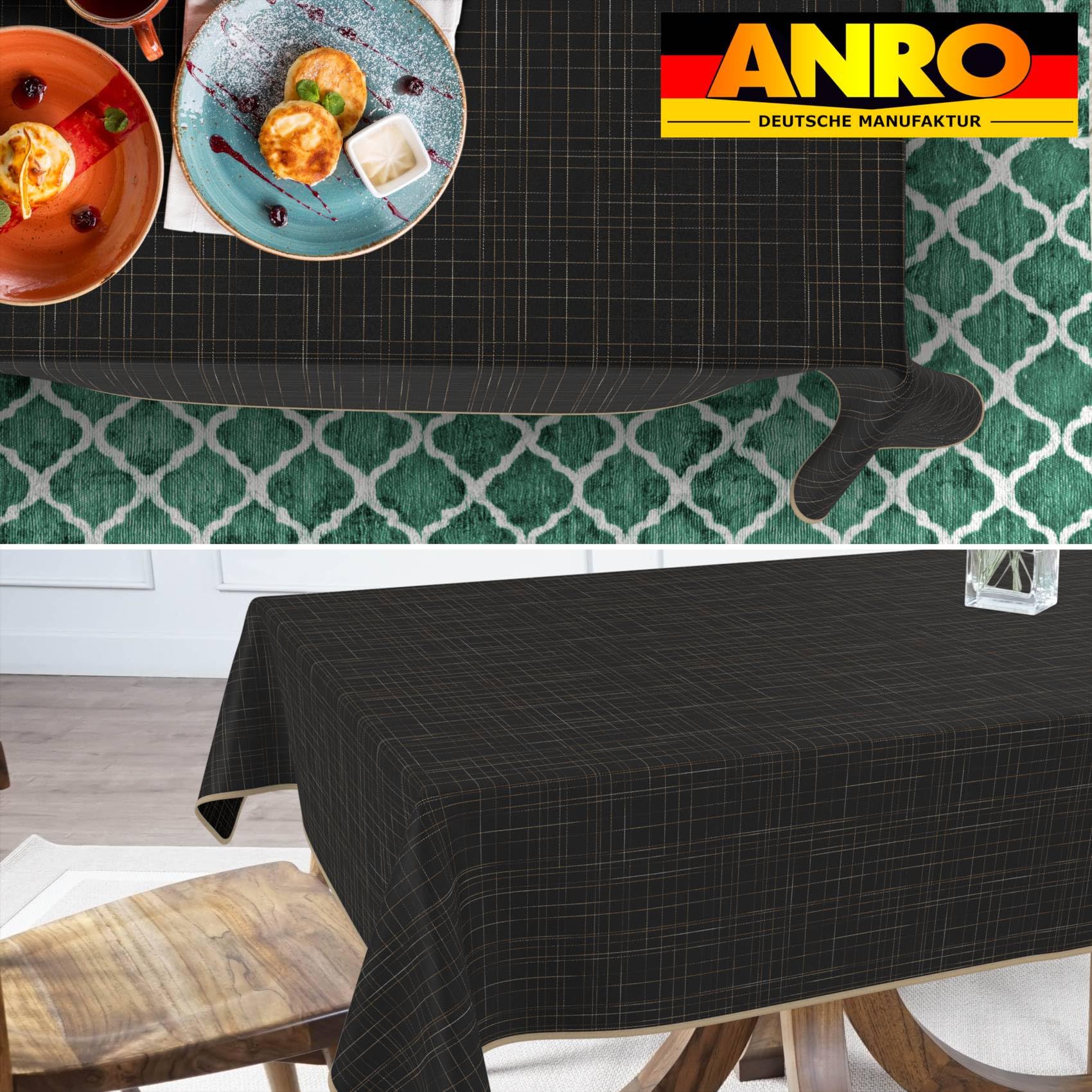 ANRO Mantel de Tela, Mantel Lavable con Revestimiento de teflón, Mantel con Efecto de Loto de fácil Cuidado, Repelente a la Suciedad y al Agua, Roma a Rayas 400x140cm con Dobladillo (con Bordes) negr
