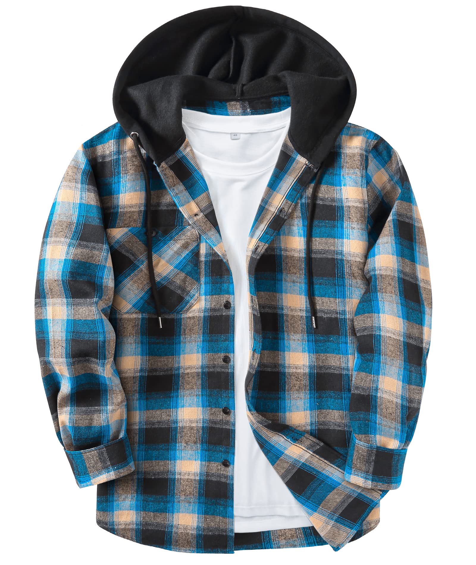 SCODI Mens Flannel Hoodie Shirt Casual Button Down Plaid Jacket Shirts Stylish Long Sleeve Shirts with Pocket