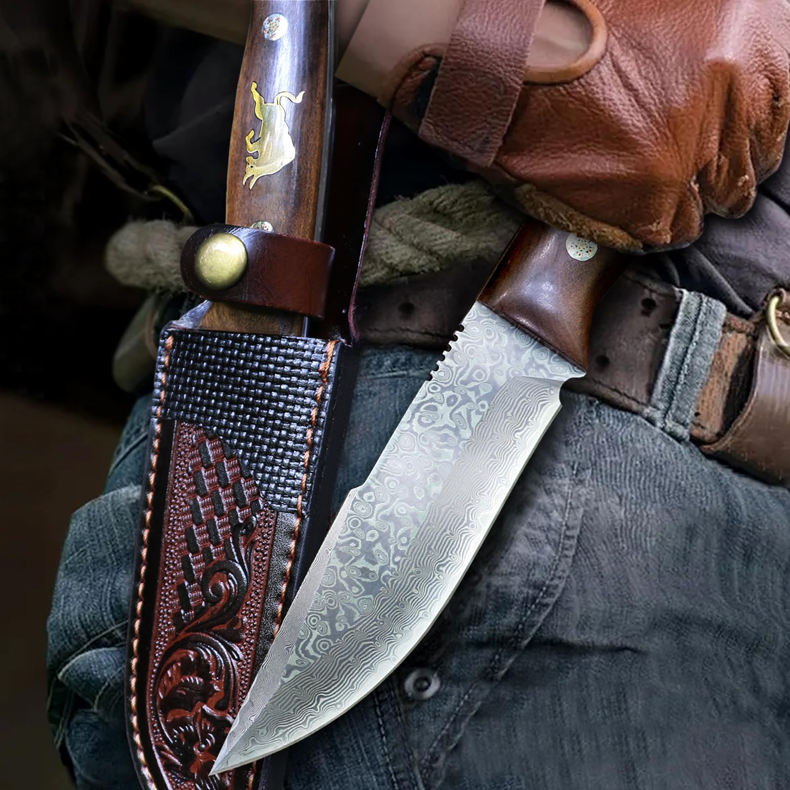 Handgeschmiedetes 67-lagiges VG10 Damast-Festklingenmesser,Outdoor Jagd-Überlebens-Gürtelmesser für Camping,Wandern,Angeln,Massivholzgriff+Echtlederscheide,edle Geschenkbox für Herren&Sammler
