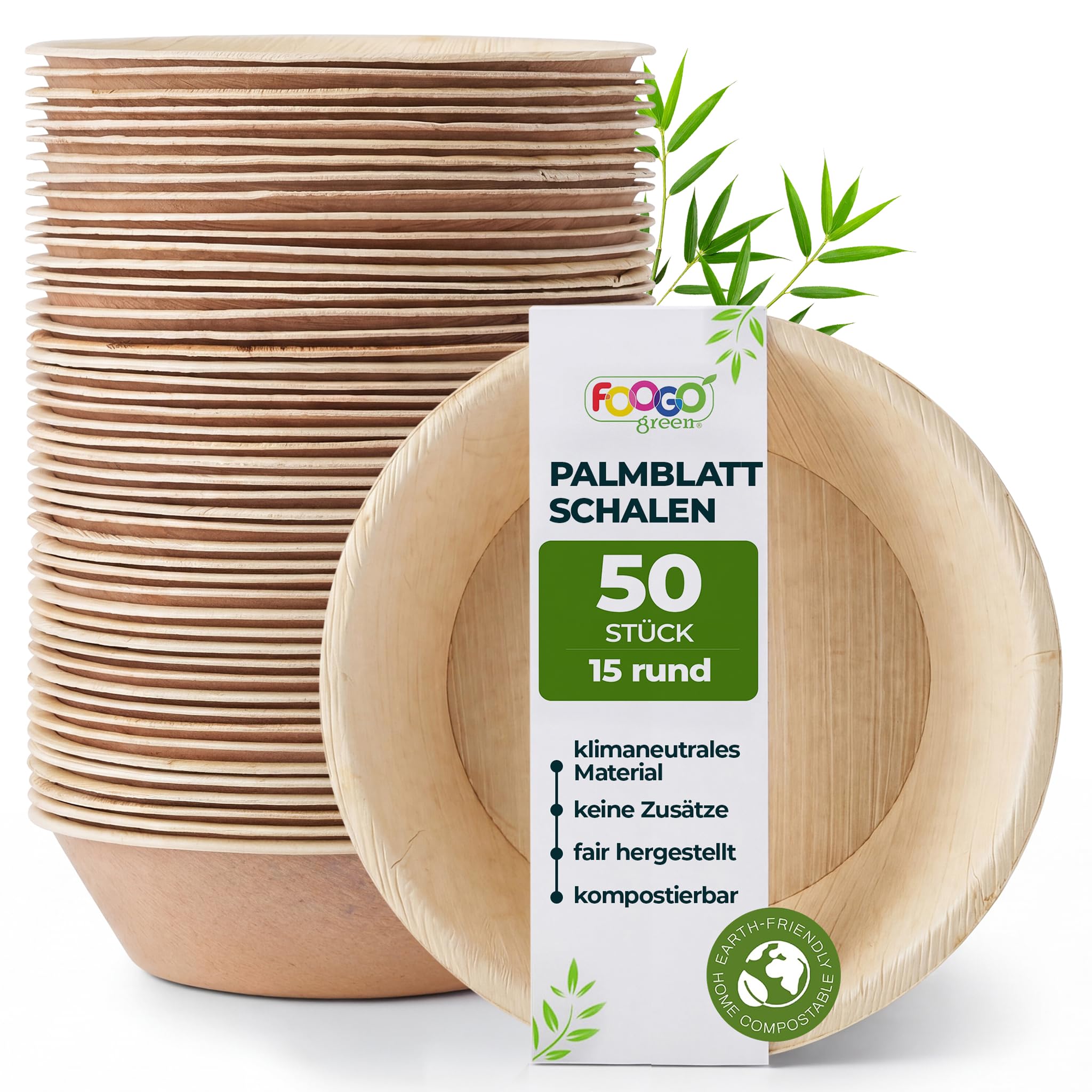 FOOGO Green 50x Palmblatt Schalen rund 300 ml Ø 15 cm– kompostierbar & naturbelassen – extra stabil & fettresistent – nachhaltiges Einweggeschirr