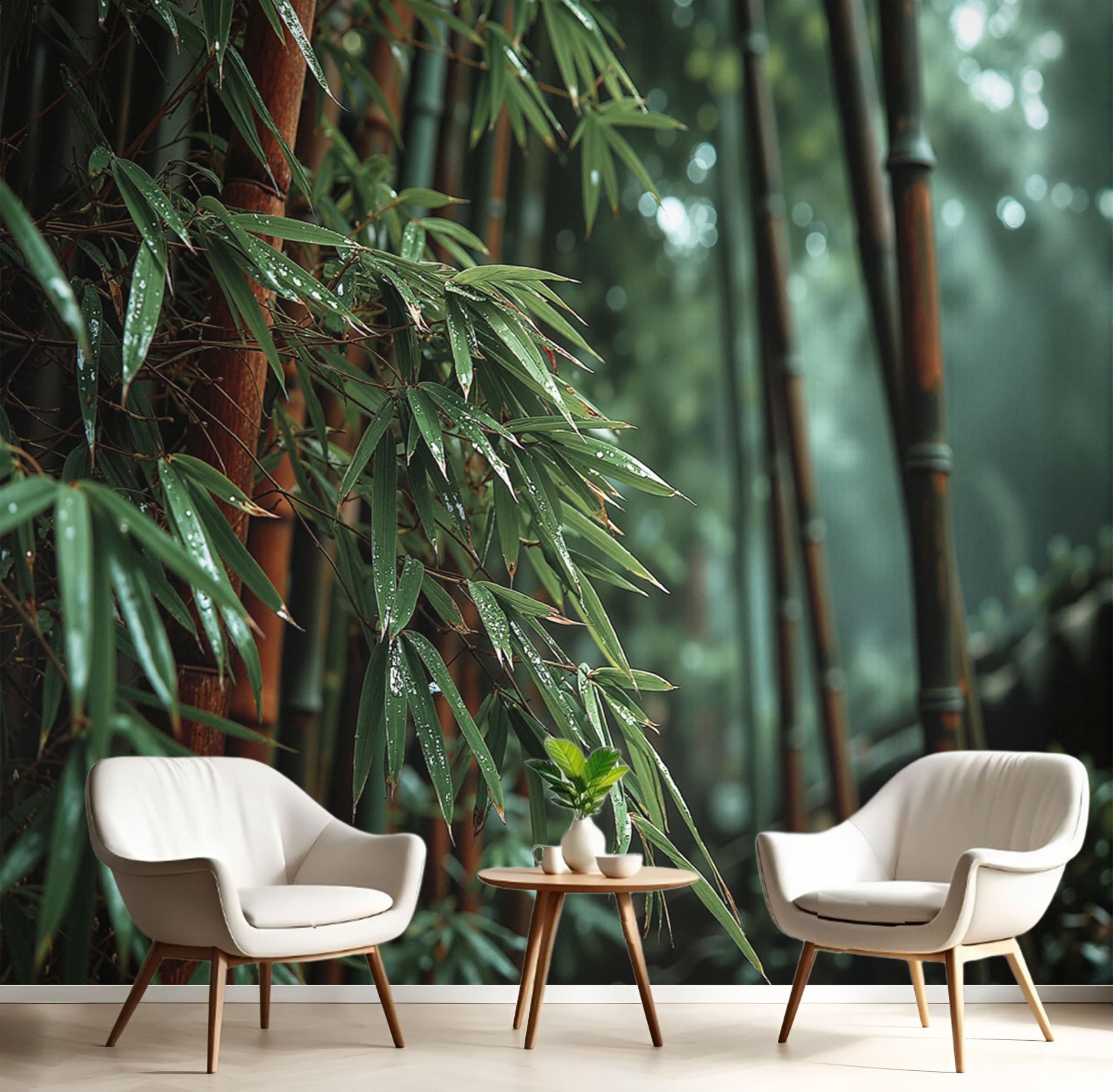 Papier peint panoramique salon grand format 350x256cm motif paysage végétal forêt bambou vert émeraude
