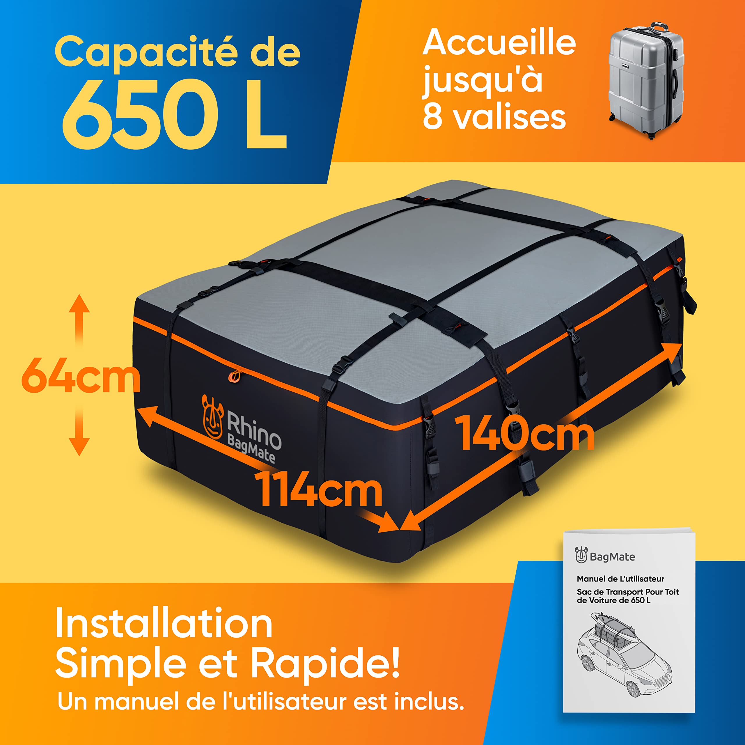 Coffre de Toit Souple 650L – Sac de Toit Voiture 100% Imperméable en PVC 840D – Installation avec ou sans Barres de Toit – Inclus Tapis de Protection & 4 Crochets
