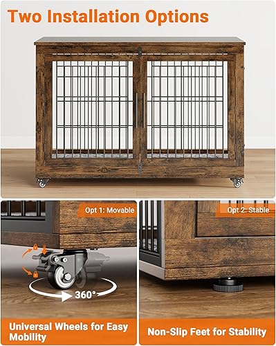 Miniatura 3 de Mueble de jaula para perros con cojín, perrera de madera para interiores con puertas dobles, jaula para perros con ruedas, mesa auxiliar de casa