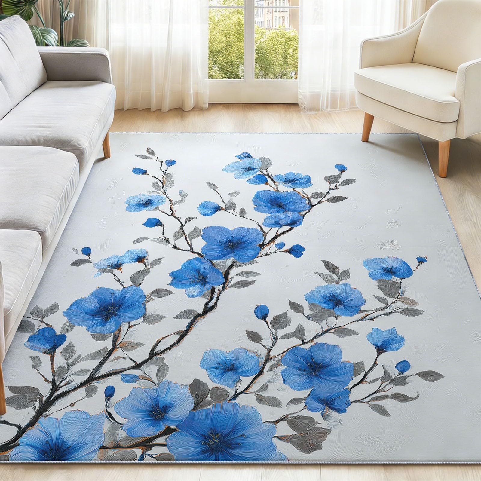 Tradycyjny dywan do salonu, 80 x 150 cm, można prać w pralce, antypoślizgowy, niebieskie gałęzie kwiatów, dywany do sypialni, jadalni, biura, odporny na plamy dywan z nadrukiem, do wewnątrz, domu
