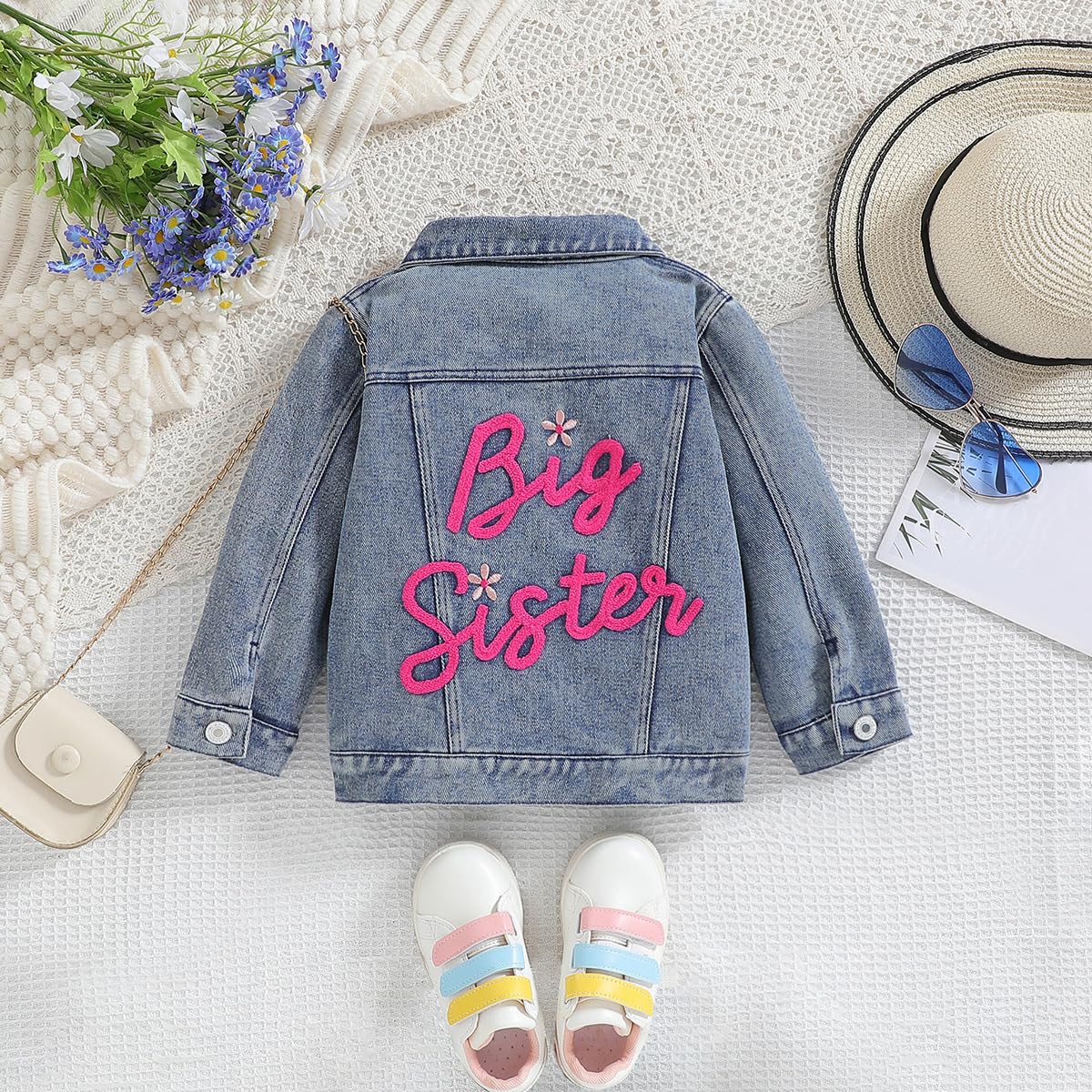 Toddler Baby Girls Denim Jacket Big Lil Bro Letter Embroidery Jean Coat Cowboy Overcoat Casual Outwear Blue 4-5T
