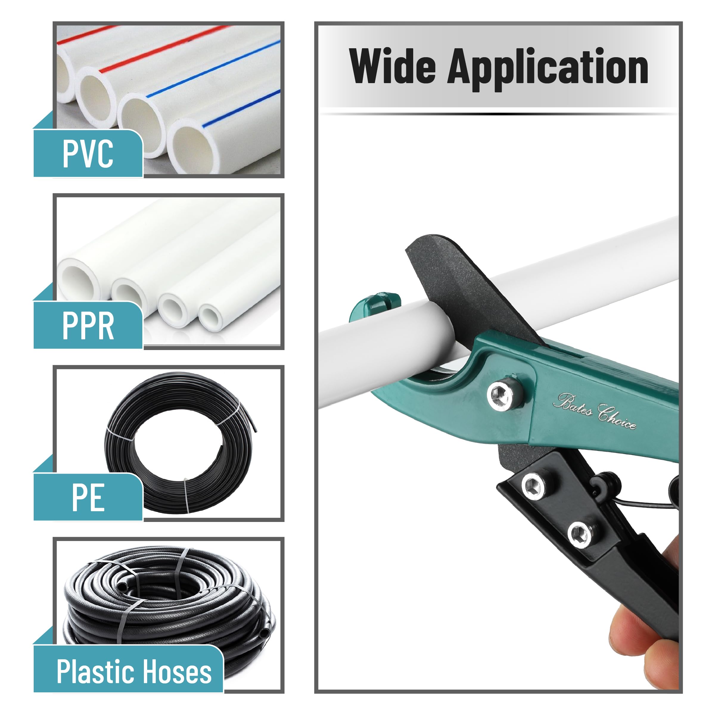 Bates- Cortador de tubos PEX, corta hasta 1-1/4 pulgadas, cortador de tubos de 1/8 a 7/8 pulgadas, cintas de sellado PTFE, herramientas PEX, herramienta de corte de manguera de goma, herramienta de