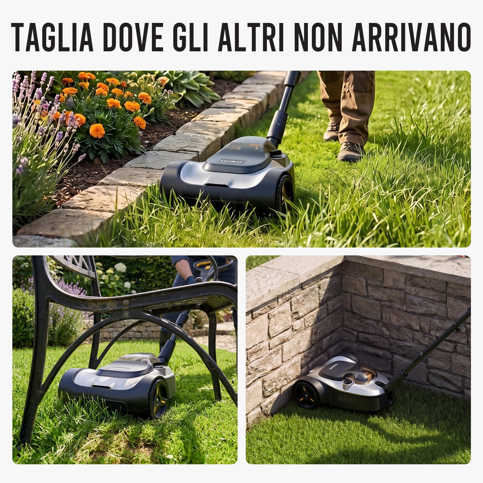 LIGIANT Tosaerba a Batteria Compatto e Leggero da 22 cm, Motore Brushless, Mulching, Altezza Regolabile su 3 Livelli, Sicurezza Inclinazione 10°–75°, Ideale per Piccoli Giardini e Angoli Stretti