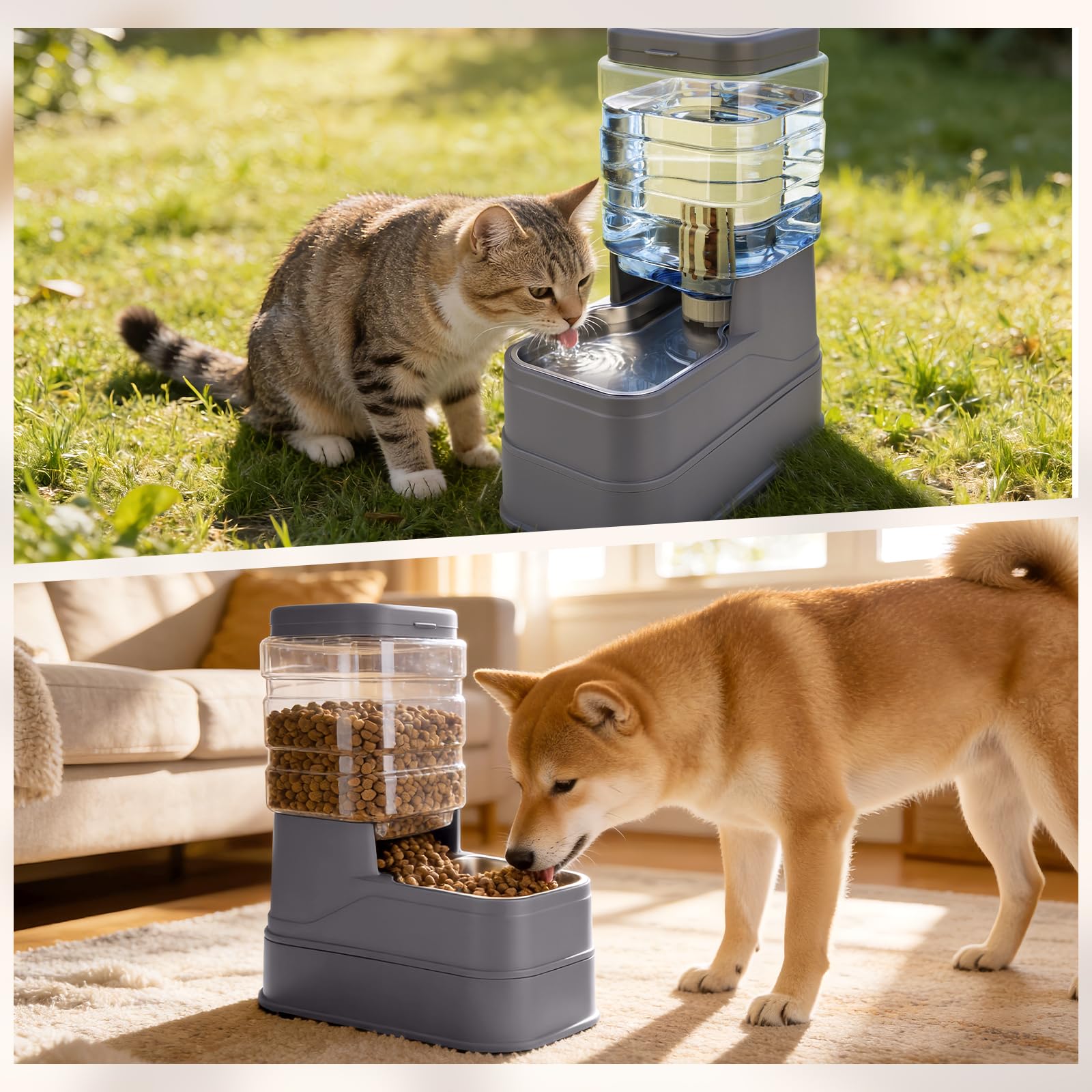 Paquete de 2 comederos automáticos para gatos y dispensador de agua de 1.3 galones, alimentador de alimentos por gravedad para perros y agua con bolsa de hielo, cuenco de acero inoxidable para