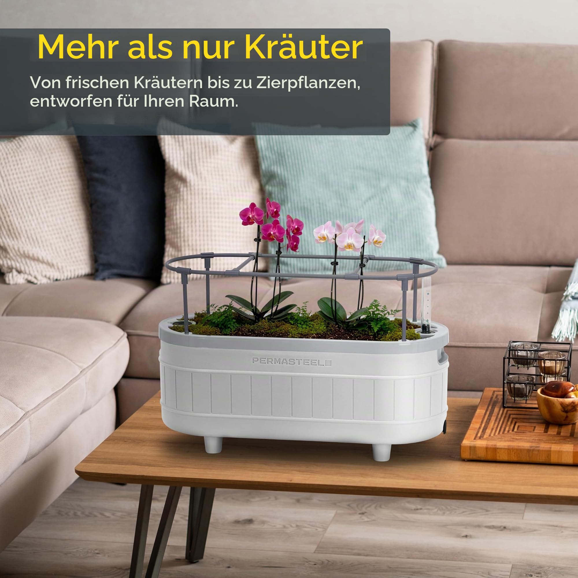 Permasteel Kräutergarten mit Rankhilfe und Bewässerungssystem - Pflanztöpfe mit Wasserspeicher für Fensterbank, Küche oder Balkon - 45 cm - Kräutertopf Selbstbewässernd inkl Wandhalterung - Weiss