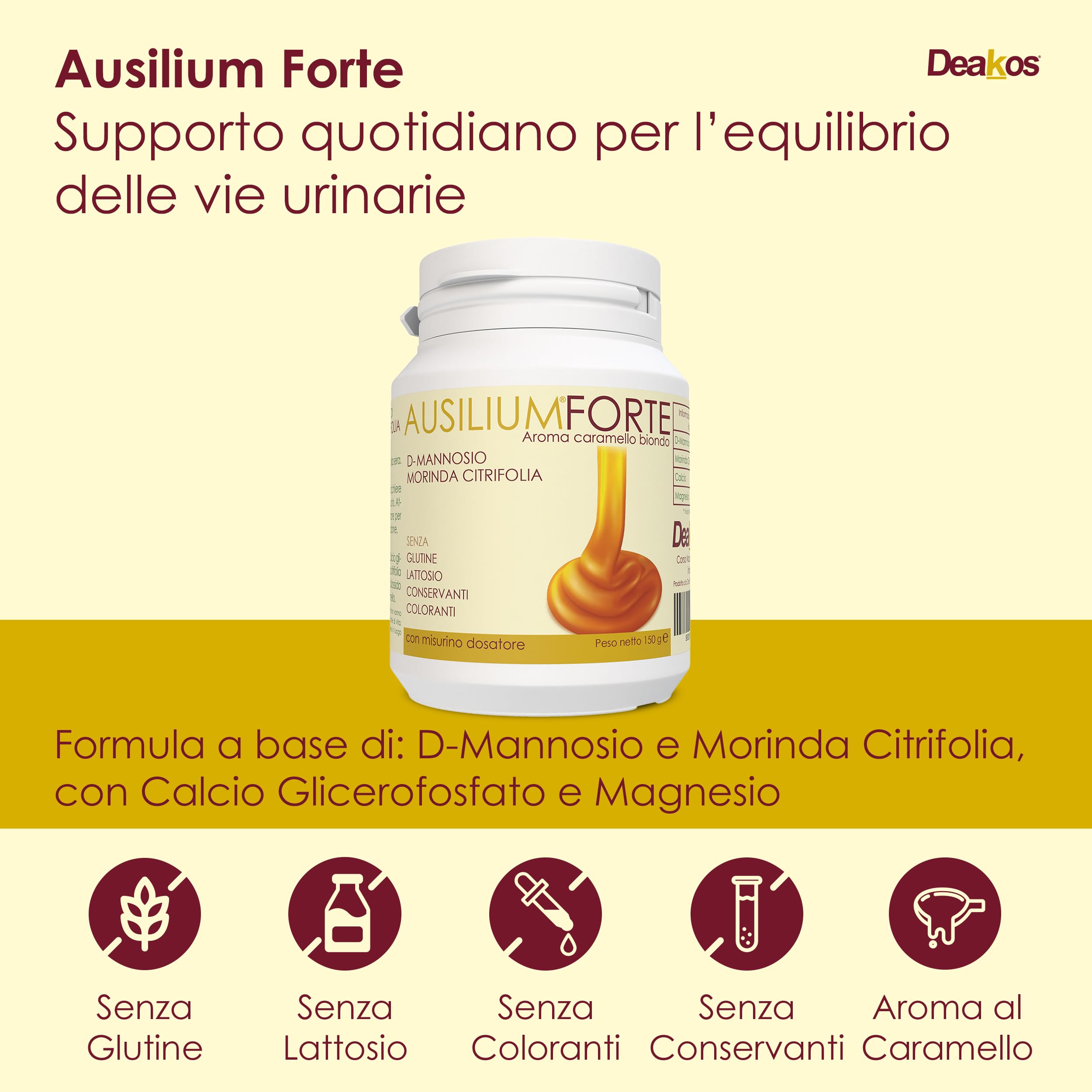 Deakos Ausilium Forte 150g - Integratore Cistite Donna e Benessere delle Vie Urinarie - In Polvere Gusto Caramello - A base di D Mannosio Puro e Morinda Citrifolia - Senza Glutine e Lattosio