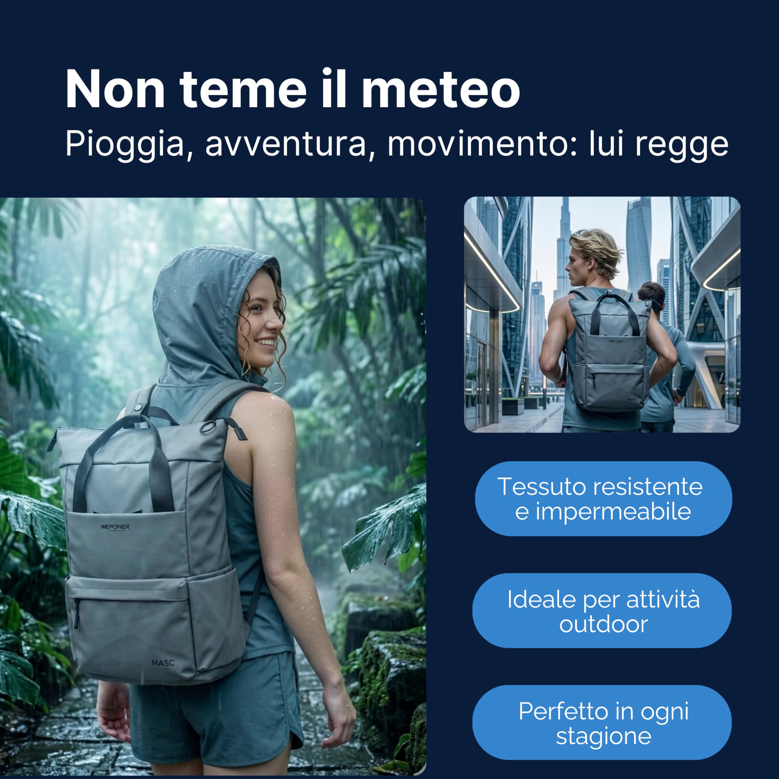 MASC Zaino Rolltop per PC, Zaino Professionale Elegante Multitasche, Ergonomico e Impermeabile ideale per l’Ufficio