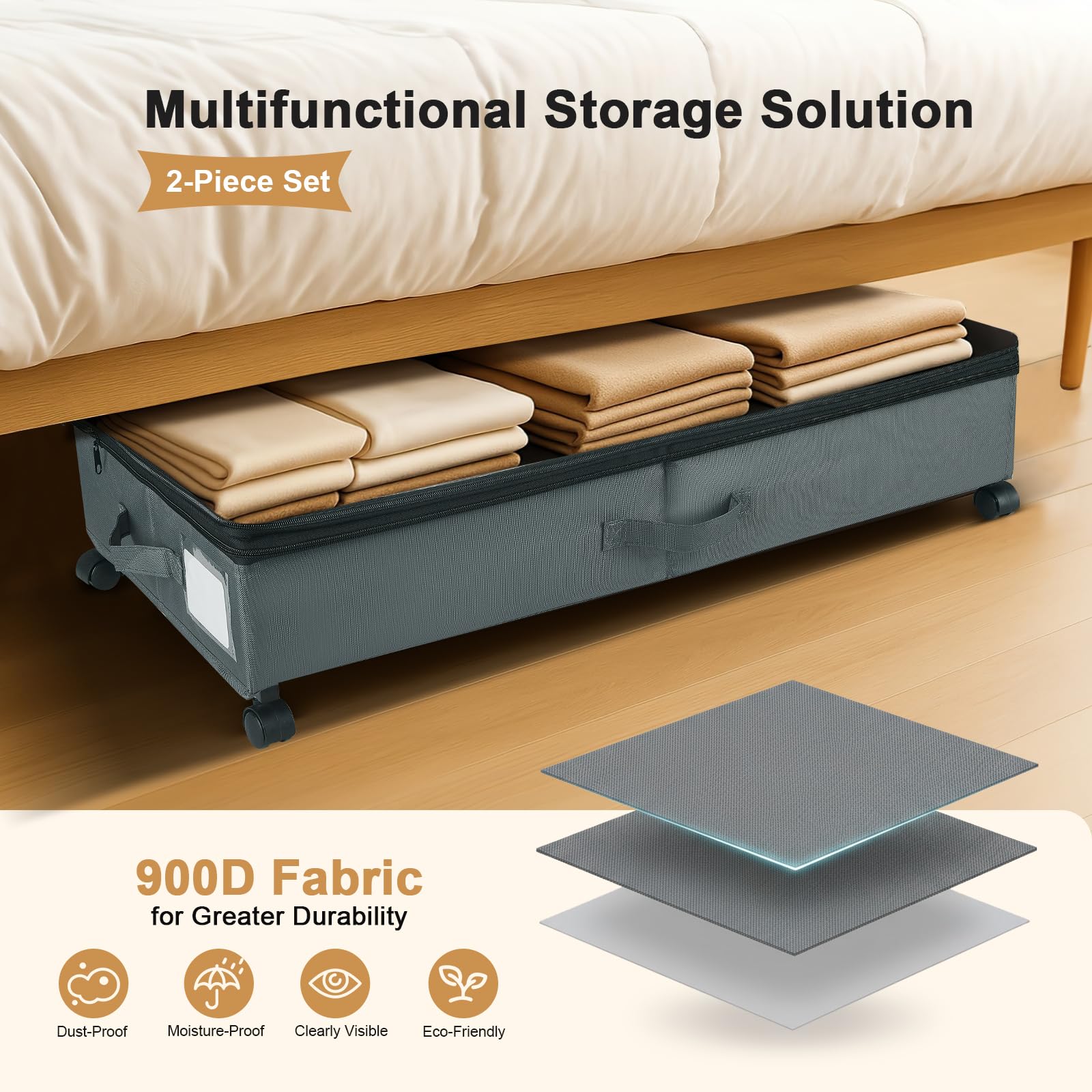 Cassettiera sotto il letto regolabile con ruote, 63 – 90 l, XXL, con 3 maniglie, contenitore con coperchio, in tessuto per vestiti, scarpe, biancheria da letto