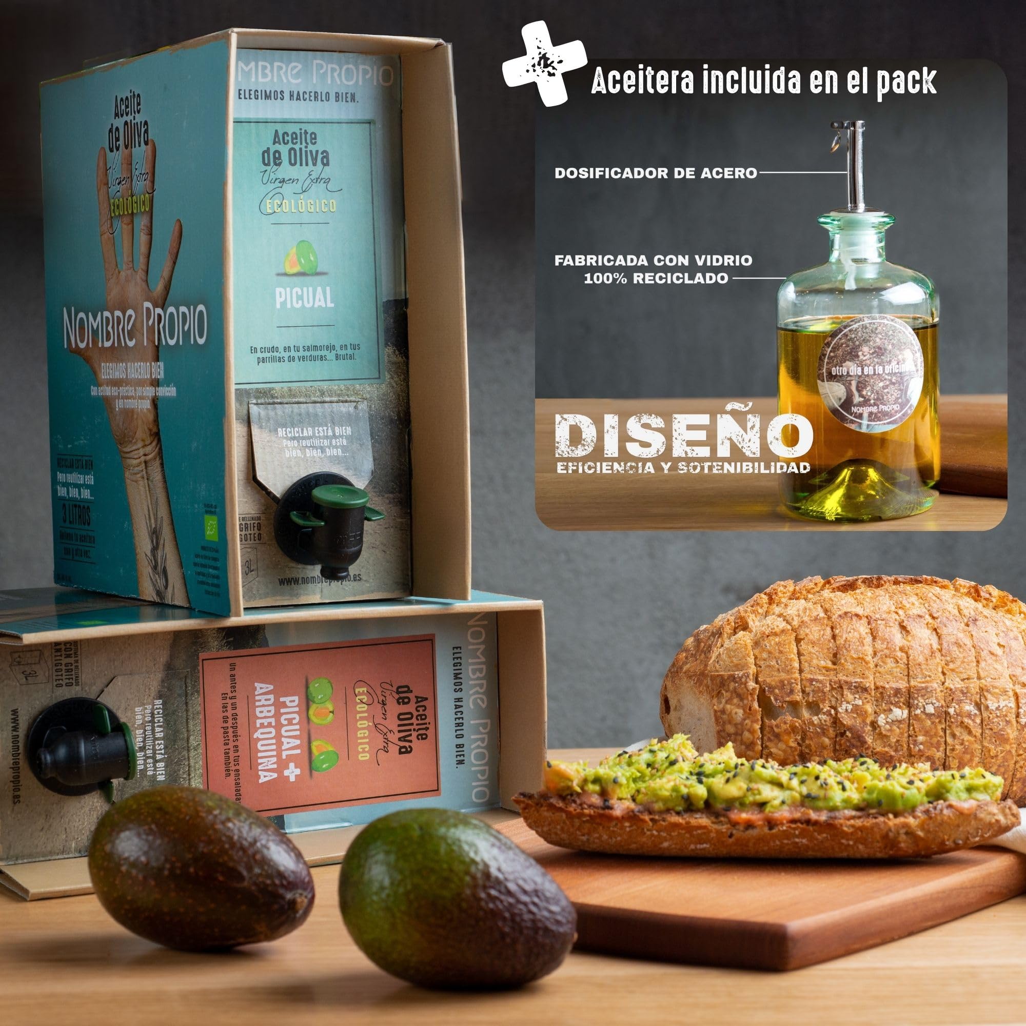 NOMBRE PROPIO Pack de Aceite de Oliva Virgen Extra Ecológico 100% Español - Formato Bag in Box - 3L Arbequina + Picual y 3L Picual - Rico en polifenoles. Certificación Europea - 6L AOVE