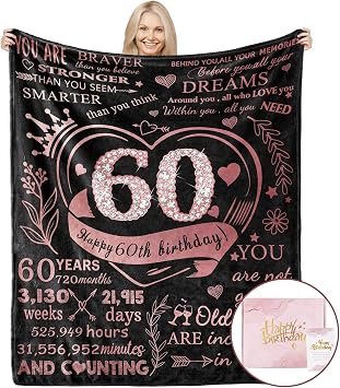 60 Birthday Gifts for Women with Gifts Box, Gifts for 60 Year Old Woman, Happy 60th Birthday Gift Ideas for Her, Birthday Gifts for Women Turning 60, 60th Birthday Decorations Throw Blanket 60"x50"