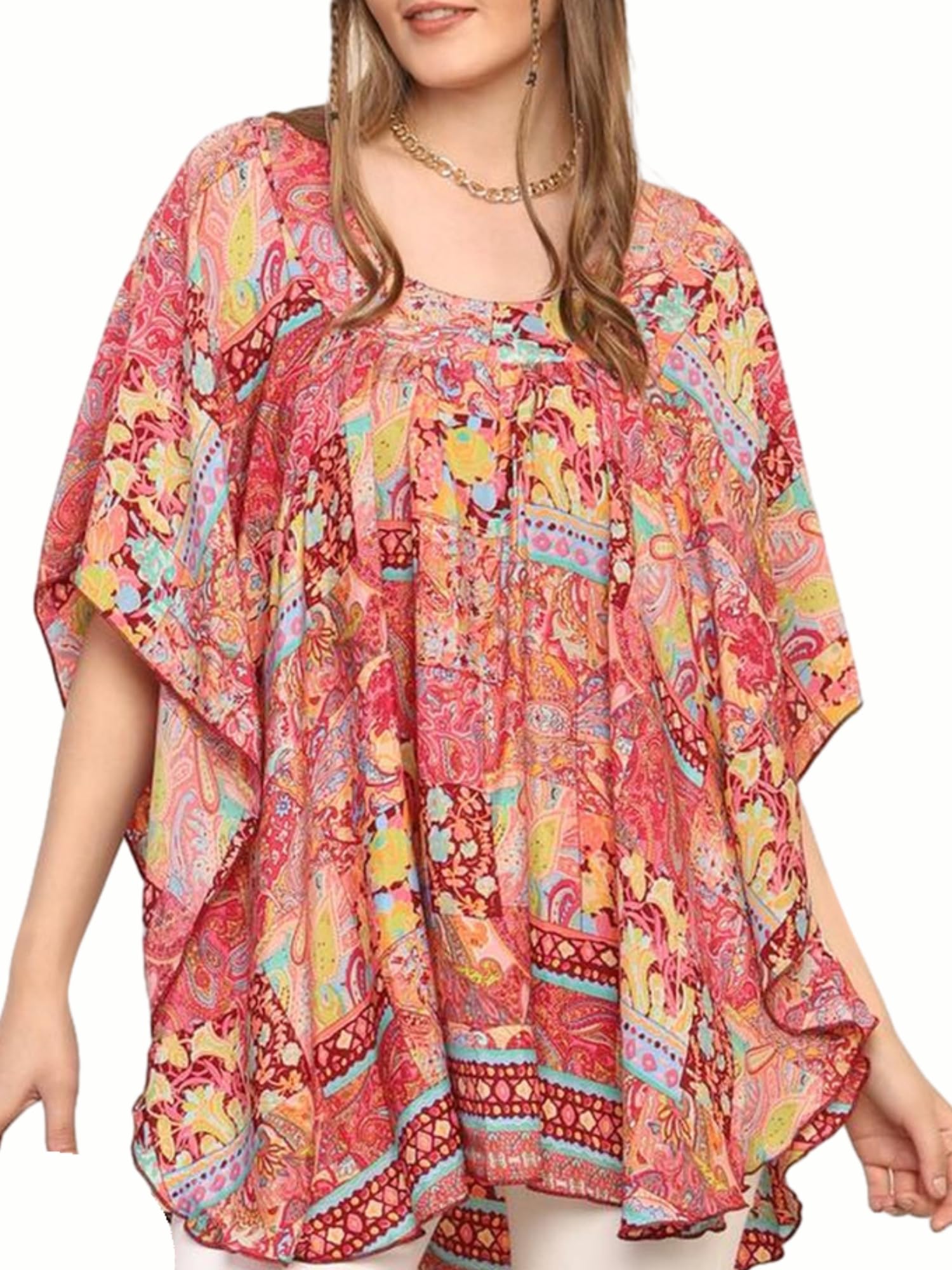 KE KANHA EXPORTS Oversized Tshirt for Woman Border Print Boho Beach Top Soft Silky Premium Feel Fabric Round Neck Loose Fit Long T Shirt Free Size M-XXL (10794)