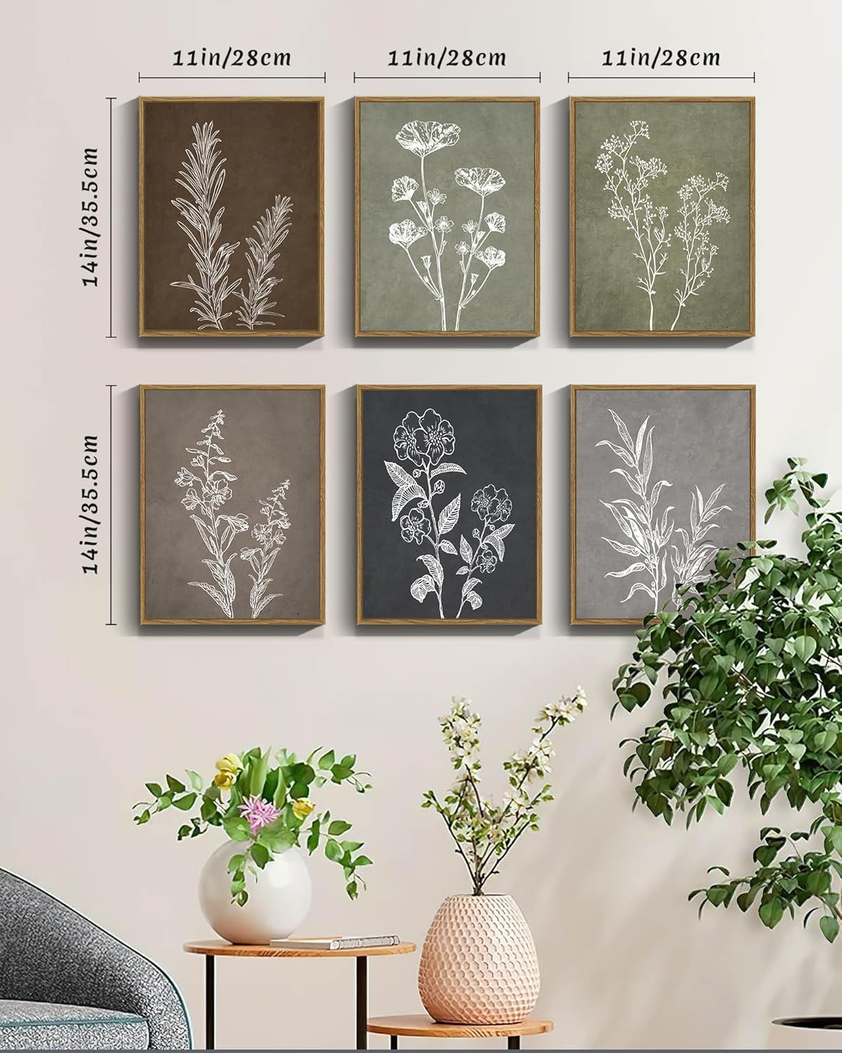 Drsoum Botanical Wall Art Framed Boho Wall Art Decor Wooded Vintage Print Modern Farmhouse Home Kitchen Decor 11x14inx6pcs Neutral Framed