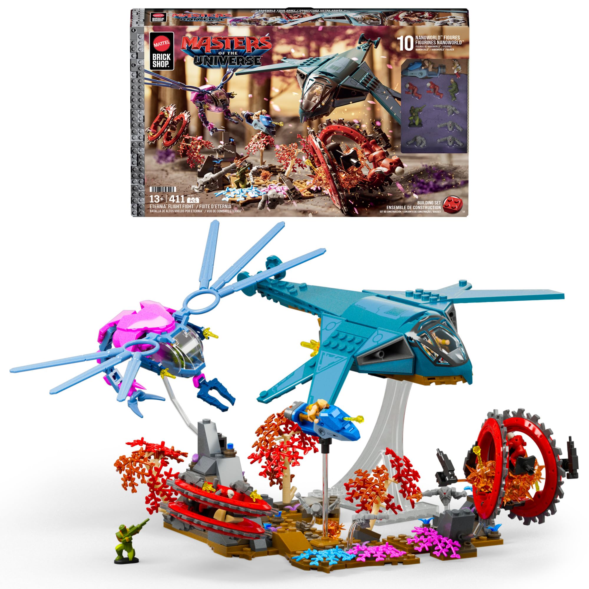 Mattel Brick Shop Masters of the Universe Building Set, Eternia Flight Fight with 411 Pieces and 10 Figures, Adult Collectors and Ages 13+, JNF83