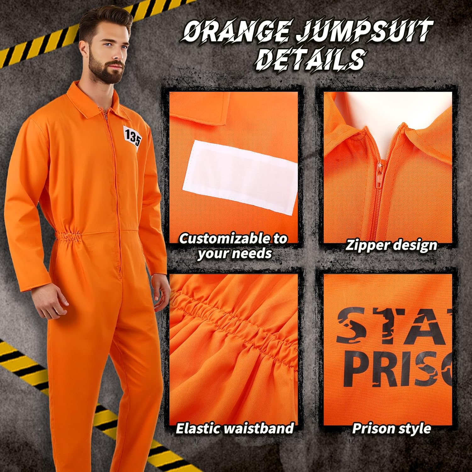 Pigmiss Men's Orange Prisoner Jumpsuit Set Halloween Costume Inmate Uniform Accessories Adult Women Jail Outfit 7pcs - Image 2