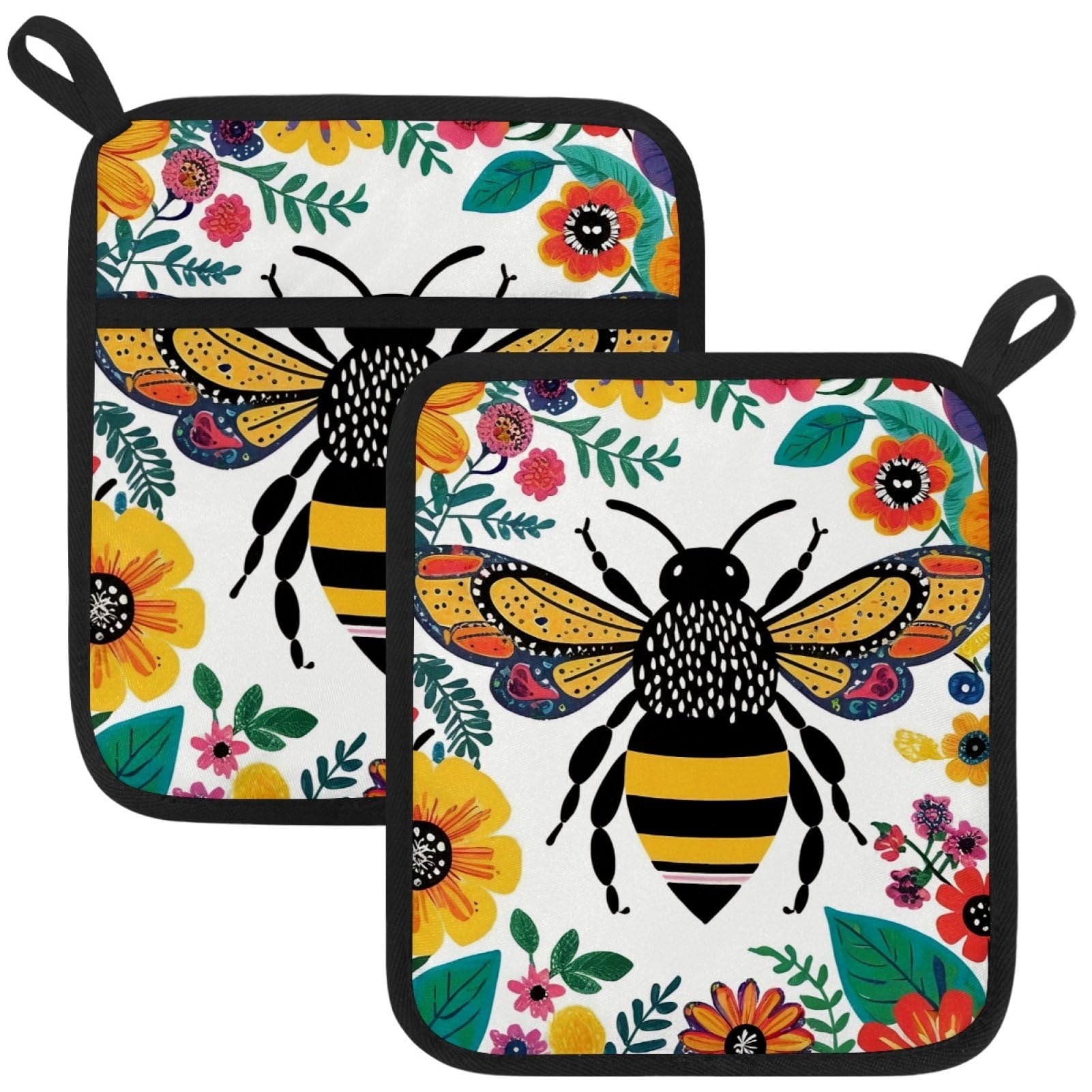 VAPOKF Bee Flowers Pot Holders with Pocket for Kitchen Heat Resistant Potholders Large Polyester-Cotton Square Oven Mitts Set