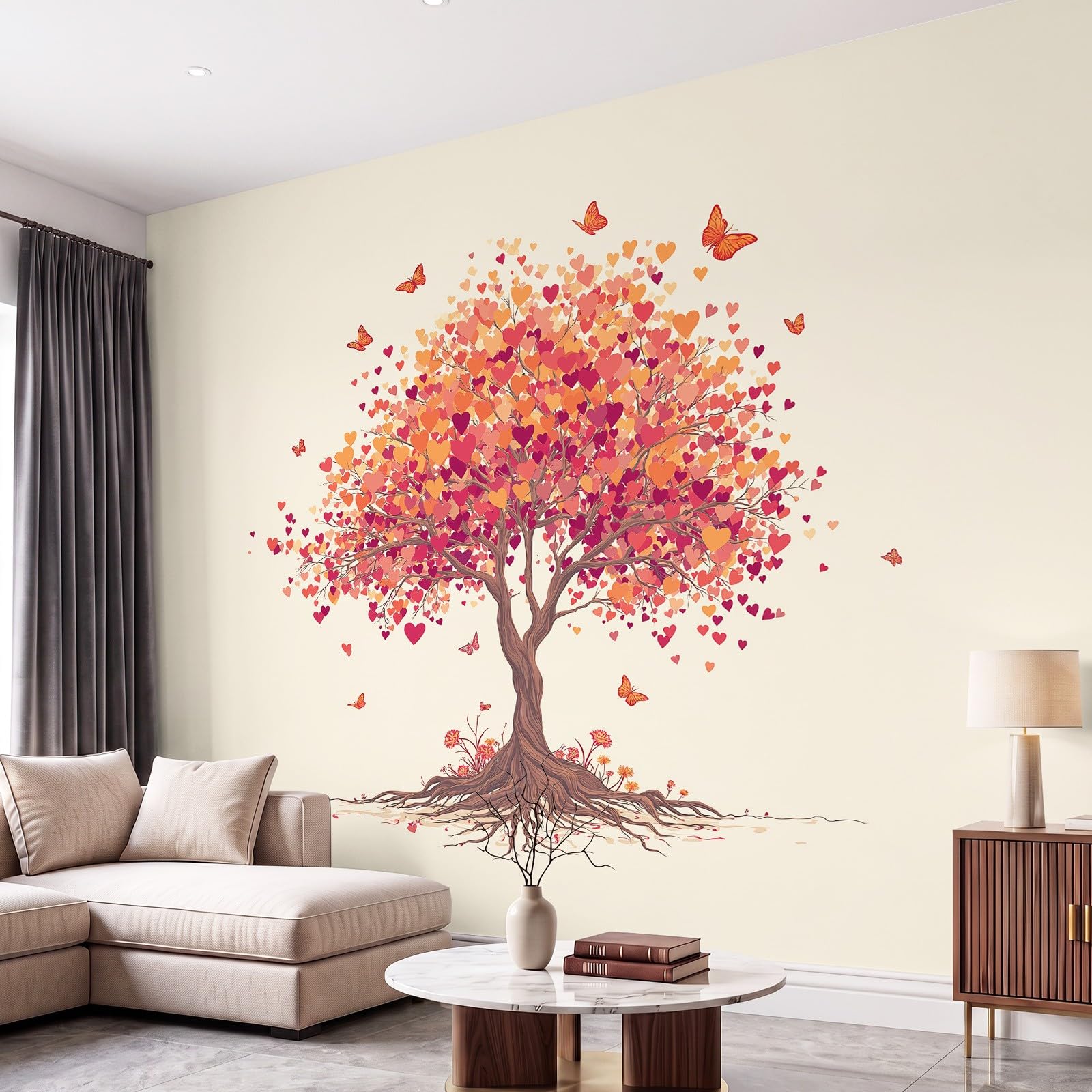 Tapeta 3D romantyczna, minimalistyczna, przytulna, 315 x 215 cm, mural, drzewo, motyl, botaniczna tapeta mural do sypialni, przedszkola, malowniczego ogrodu