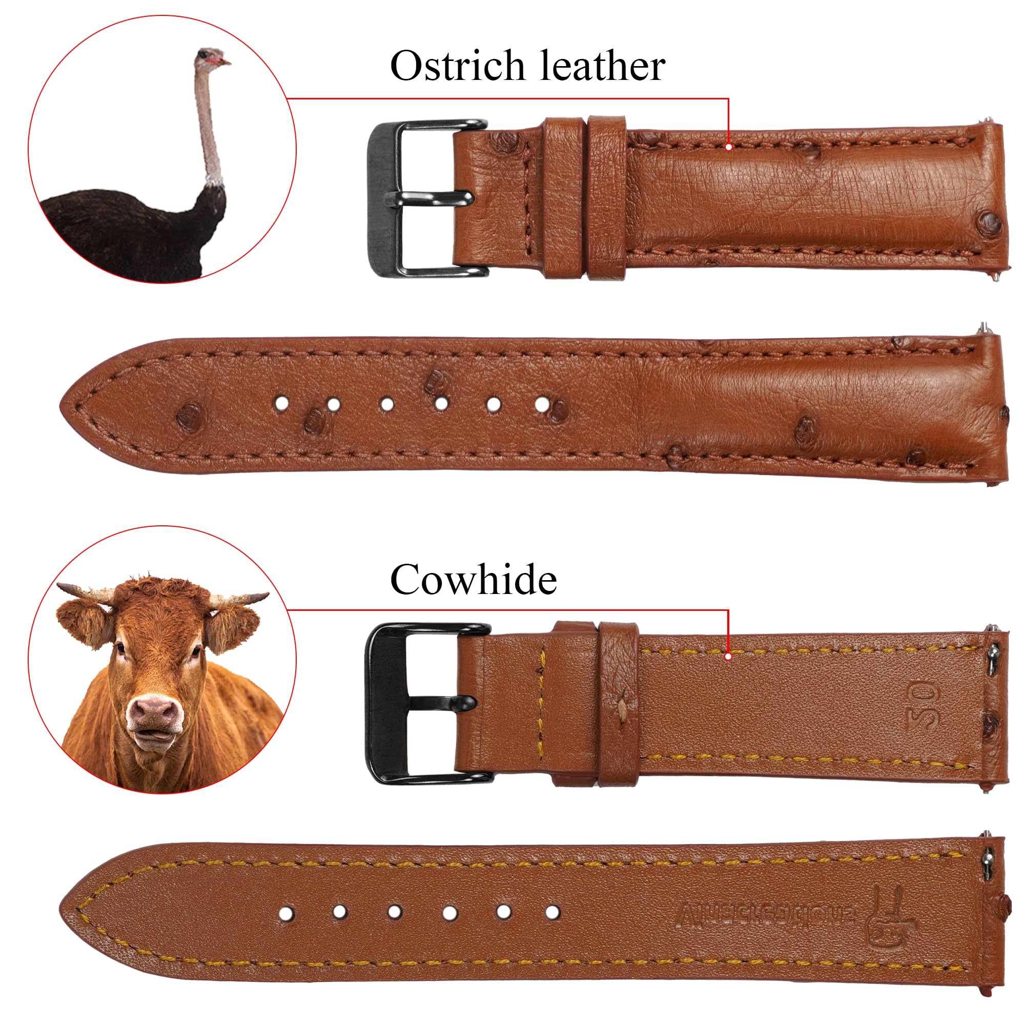 vinacreations 18mm Brown Ostrich Leather Watch Band Men Quick Release Replacement Strap Extra Soft Handmade Wristband Stainless Steel Buckle, Father's Day Gift for Dad Son Husband DH-186B-18MM
