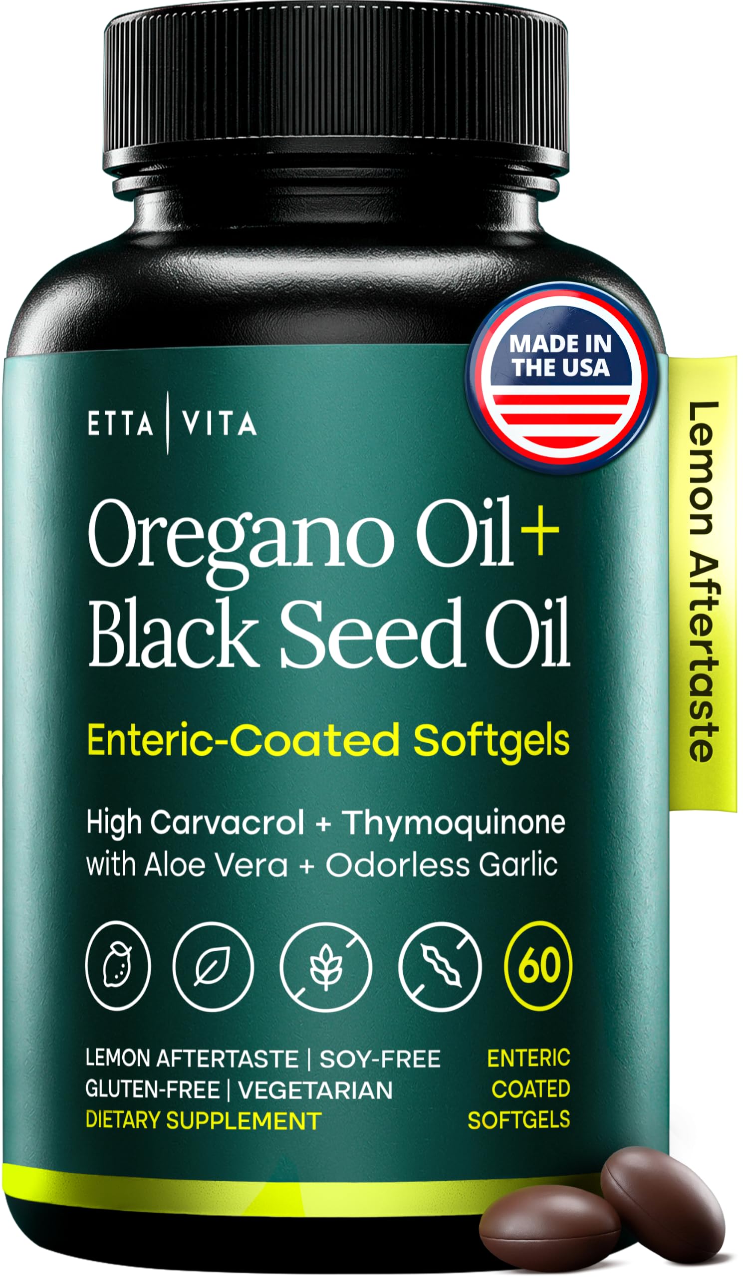 Oil of Oregano with Black Seed Oil, Enteric-Coated Lemon Softgels, No Burps
