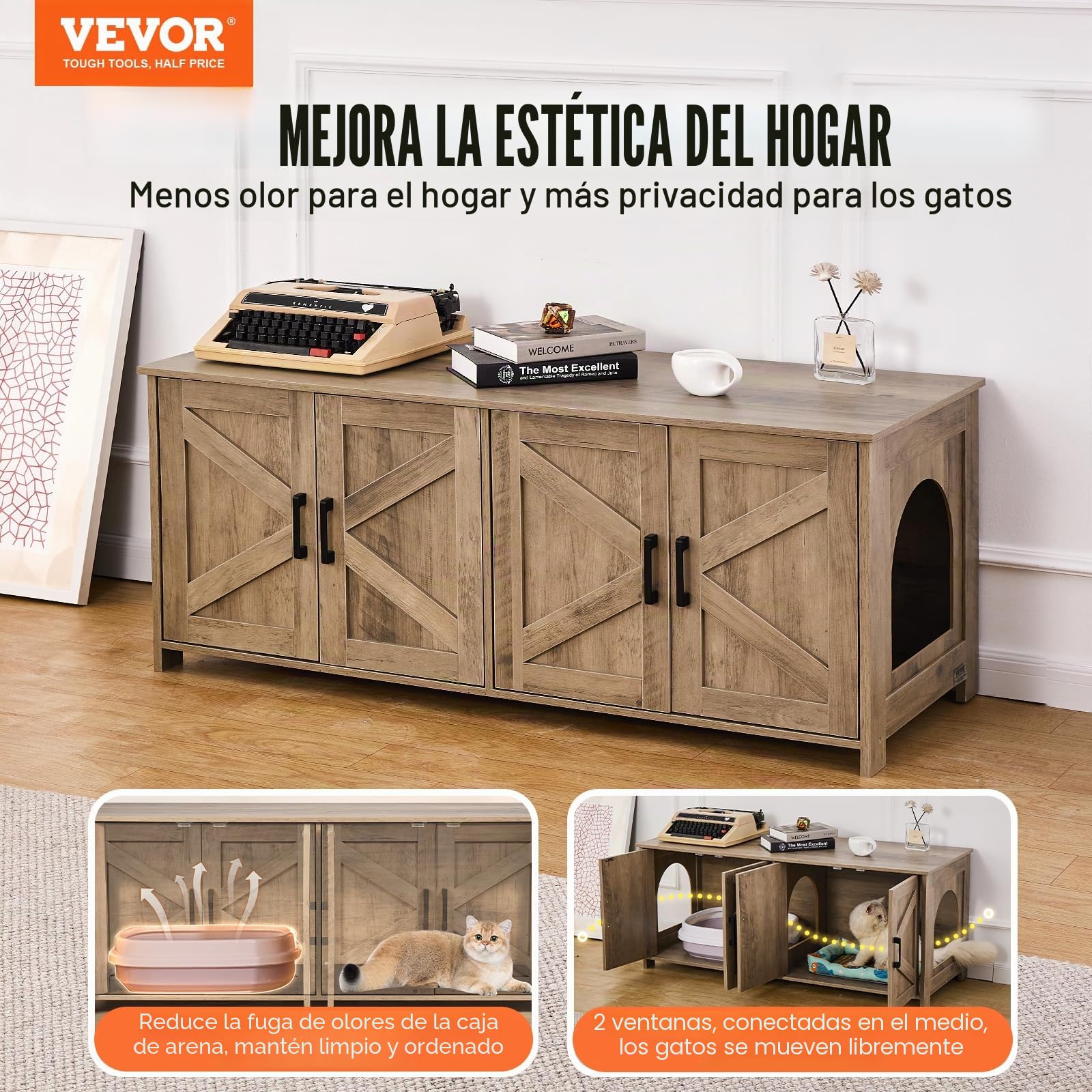 VEVOR Arenero para Gatos, 1200 x 450 x 500 mm, con 4 Puertas 2 Entradas, Mueble de Interior, Caseta de Madera, Compatible con la Mayoría de Areneros, Verde, Carga Superior 60 kg e Inferior 45 kg