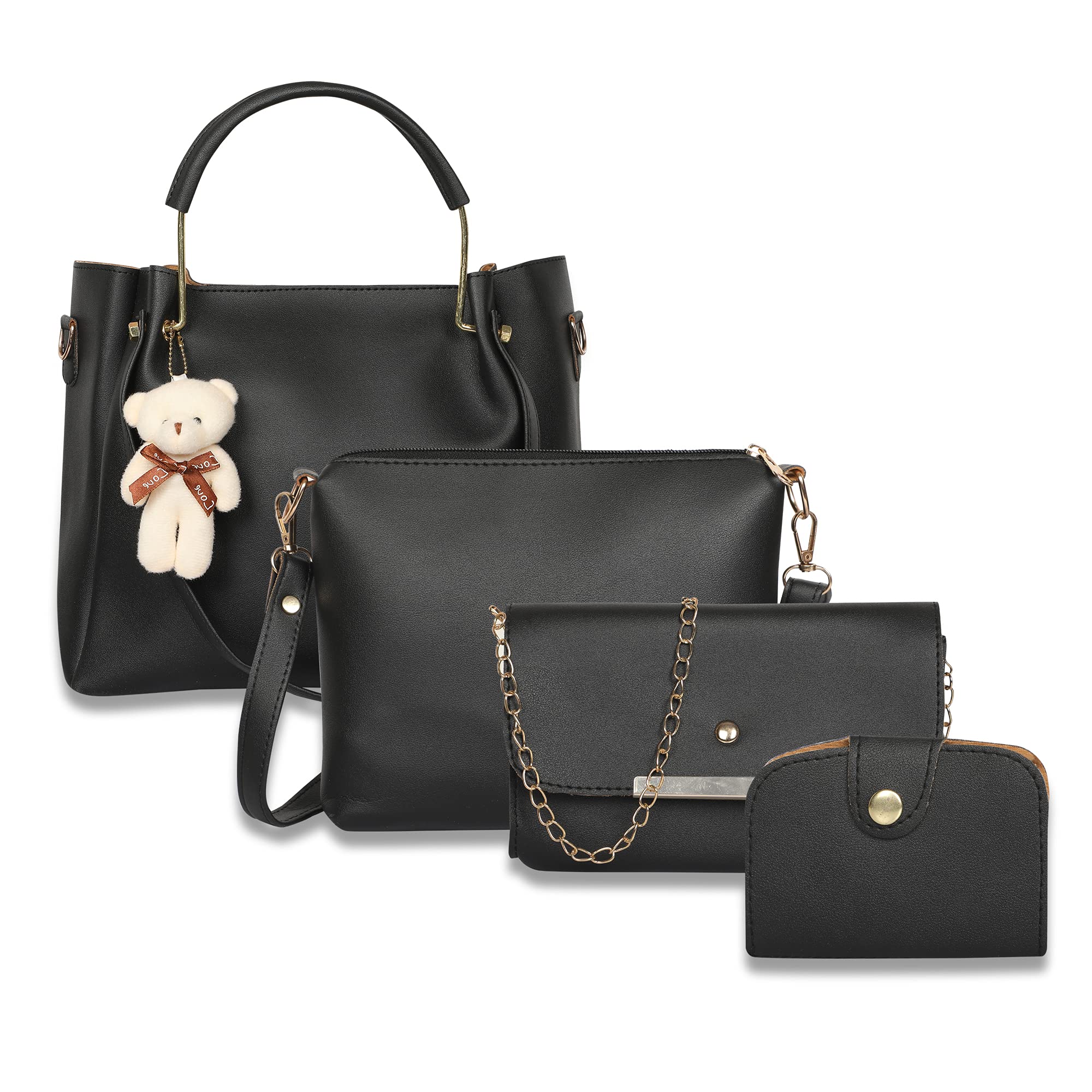 EnviasLeatherette Latest Handbags For Women's Ladies Combo Of 4 (Black_Teddy_EVS-127)