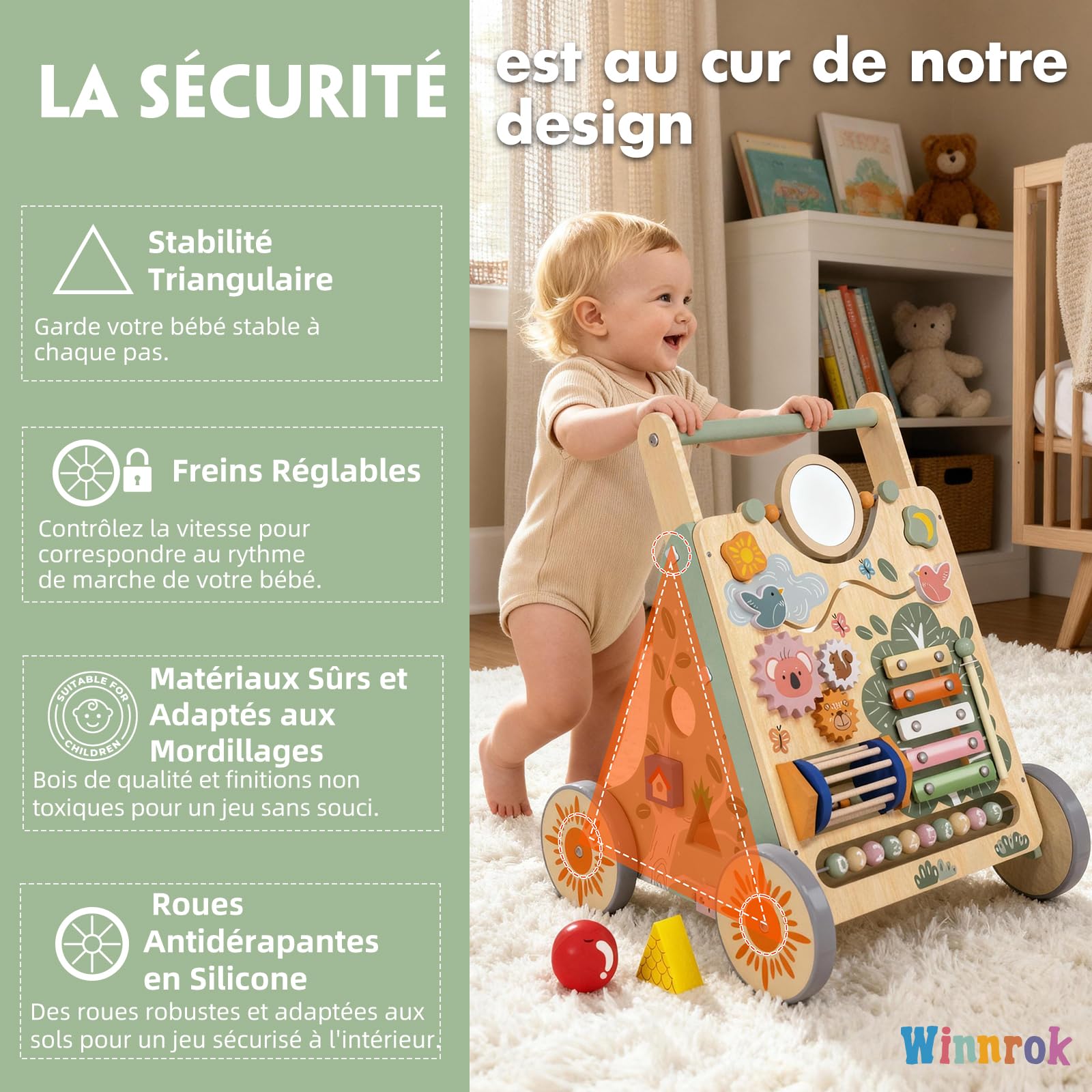 Chariot de Marche en Bois pour Bébé, Centre d'Activités Multiples Montessori, Trotteur Bébé Hauteur et Vitesse Réglables, pour Fille et Garçon de 6 Mois à 2 Ans, Cadeau pour Anniversaire et Noël