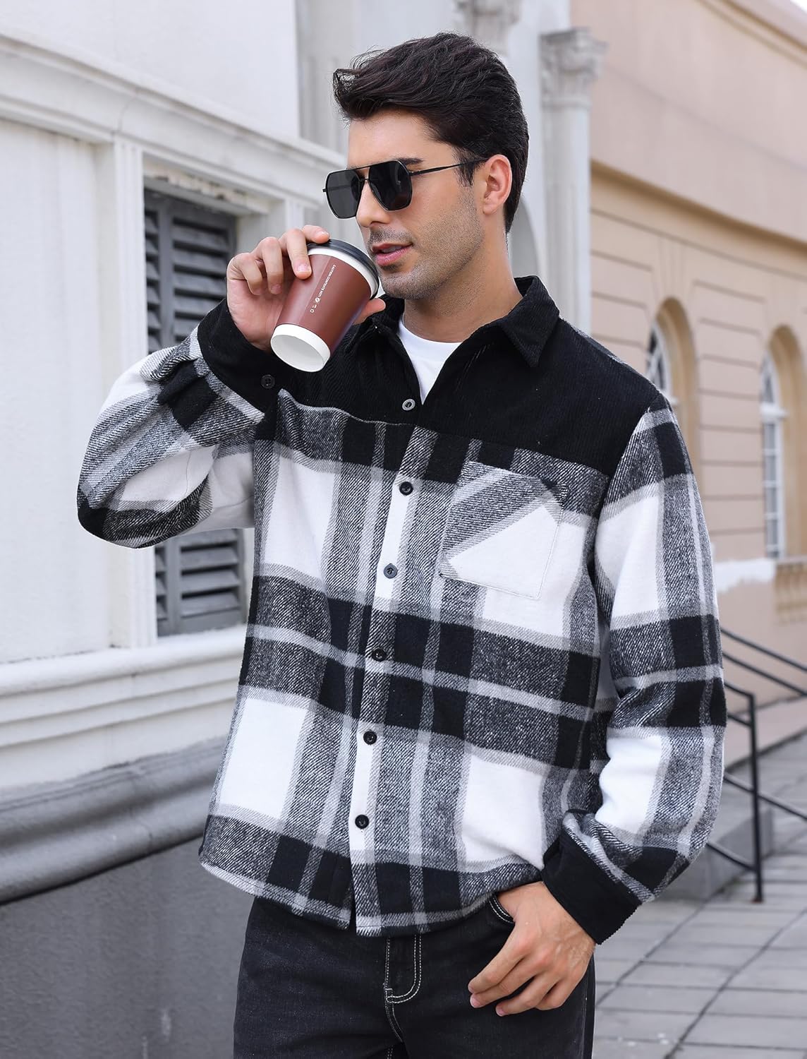 ODIZLI Flannel Jacket for Men Long Sleeve Button Down Plaid Shirt Tartan Shacket Regular Fit