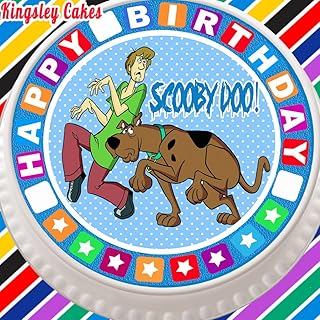 Wstępnie wycięta jadalna lukrowa duża nakładka na ciasto – 19 cm okrągła niebieska Scooby DOO z urodzinowym obramowaniem
