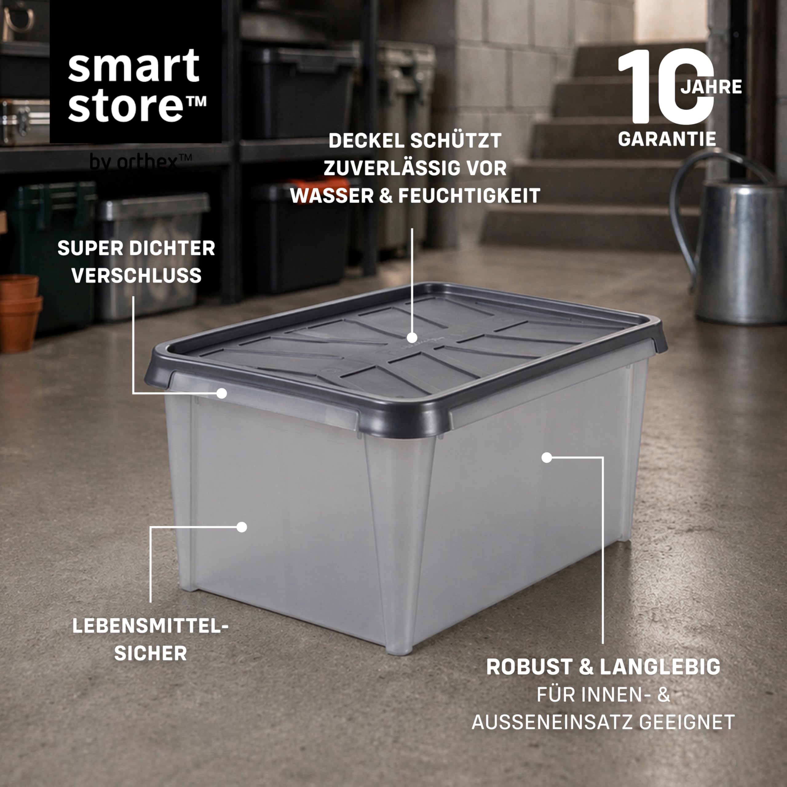 SmartStore Aufbewahrungsbox mit Deckel 55 L I 4er Set Stapelboxen I 60 x 40 x 35 cm I Wasserfest, Staubdicht I Garagen-Aufbewahrungsbox I Lebensmittelecht, BPA frei I Made in Sweden, 10 Jahre Garantie