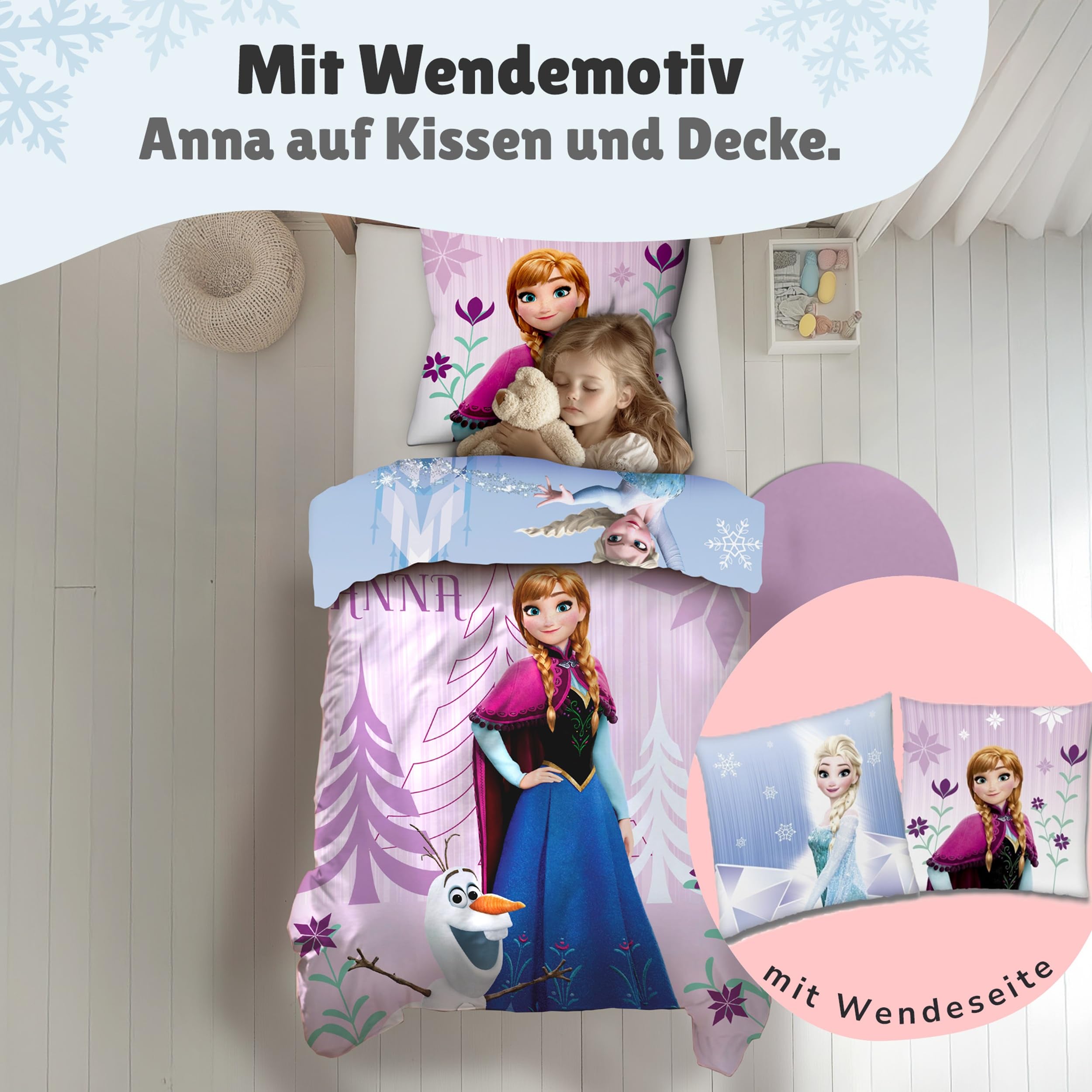 Familando Frozen Bettwäsche-Set (2-teilig) – Decken- & Kissenbezug 135x200 cm & 80x80 cm mit Reißverschluss – Flanell aus 100% Baumwolle – Wendemotiv mit Anna & ELSA – Öko-TEX Zertifiziert – Winter