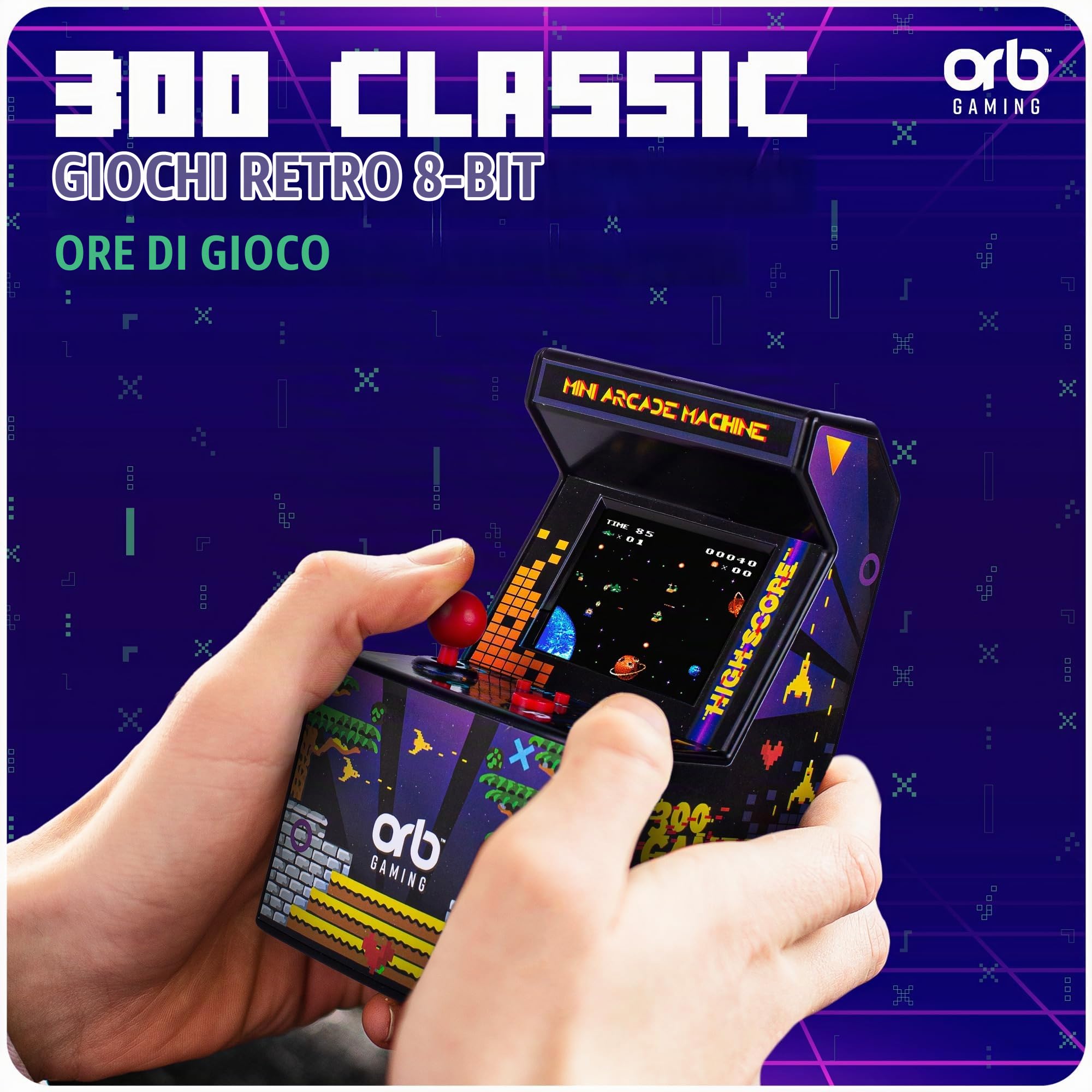 Orb - Mini Arcade Machine, 300 giochi in-built, giochi arcade retrò a 8 bit, schermo a colori da 2,5", joystick a 8 vie, 2 pulsanti, controllo del volume