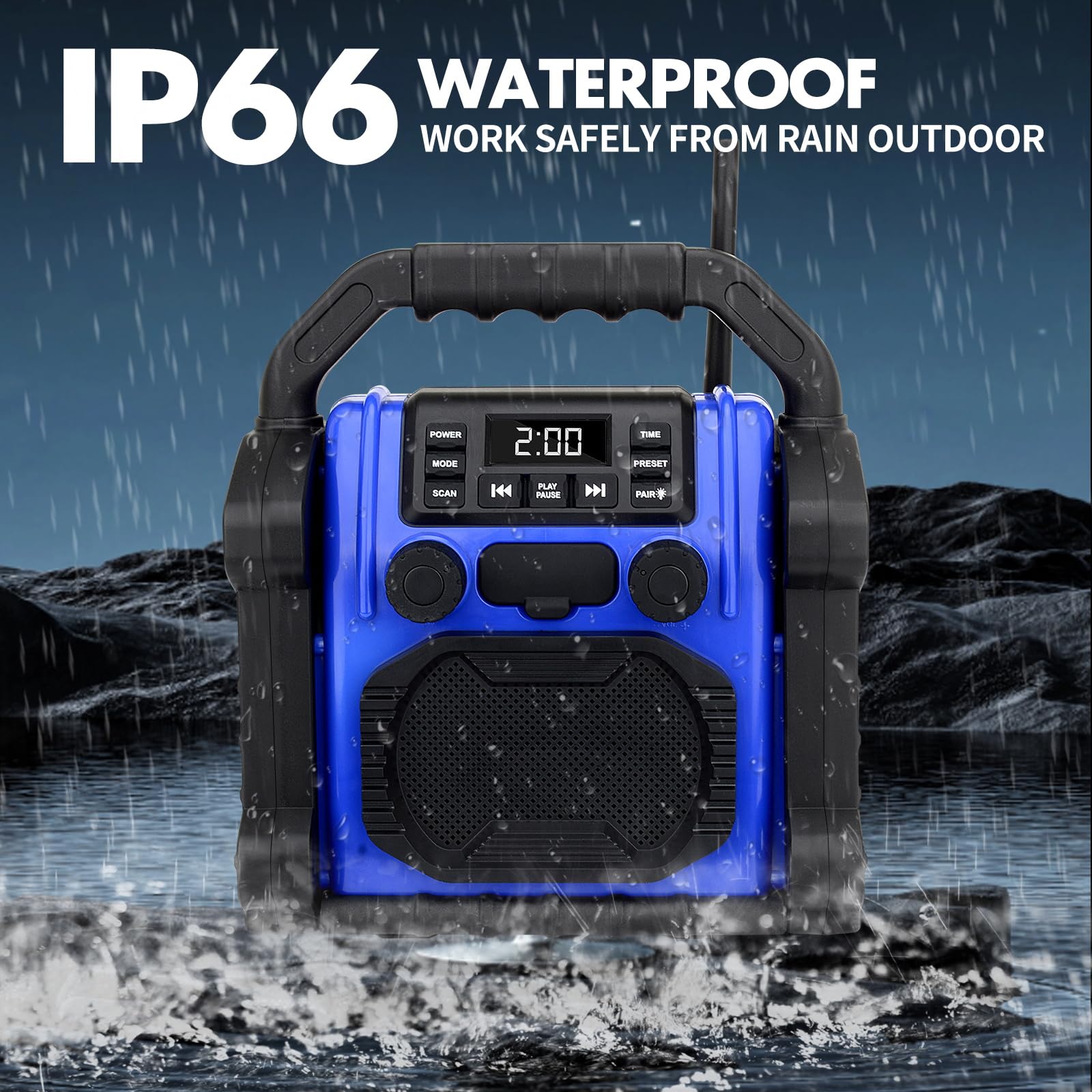 Baustelleradio Outdoor Lautsprecher Bluetooth Wireless, 30W IPX 66 wasserdicht FM-Uhr-Radio, tragbar mit LED-Lichtern, Kollisionsschutzradios für Outdoor/Arbeit/Garage (P250)