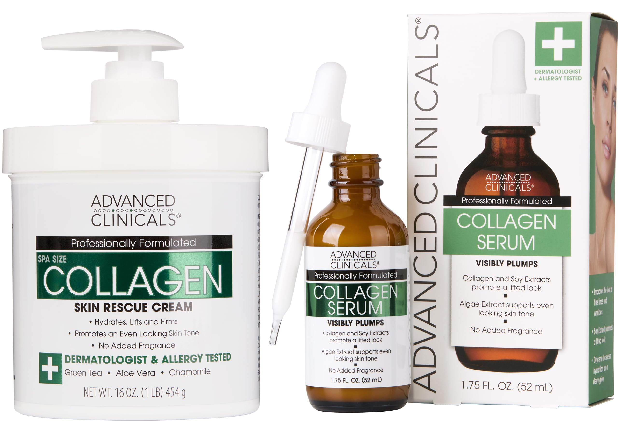 Advanced Clinicals 2 Piece Anti-aging Skin Care set with collagen. 16oz Spa Size Collagen Lotion And 1.75oz Collagen Instant Plumping Serum To Hydrate