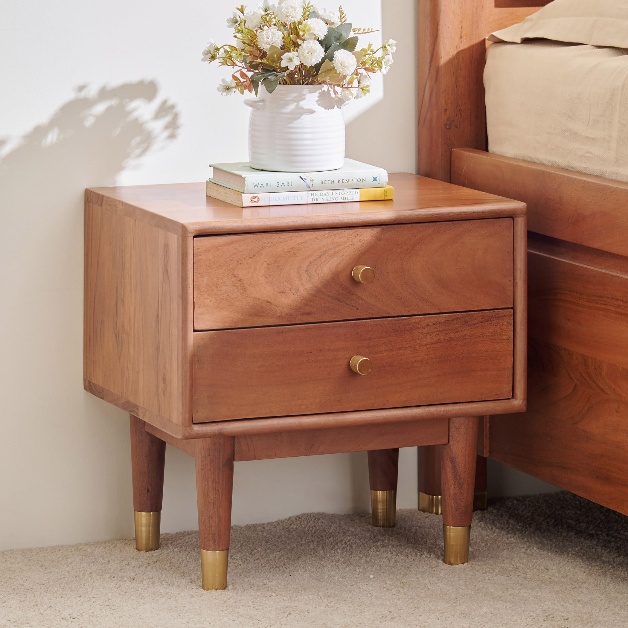 Home Centre Amanda Acacia Wood Bedside Table with Drawers - Teak-image-16