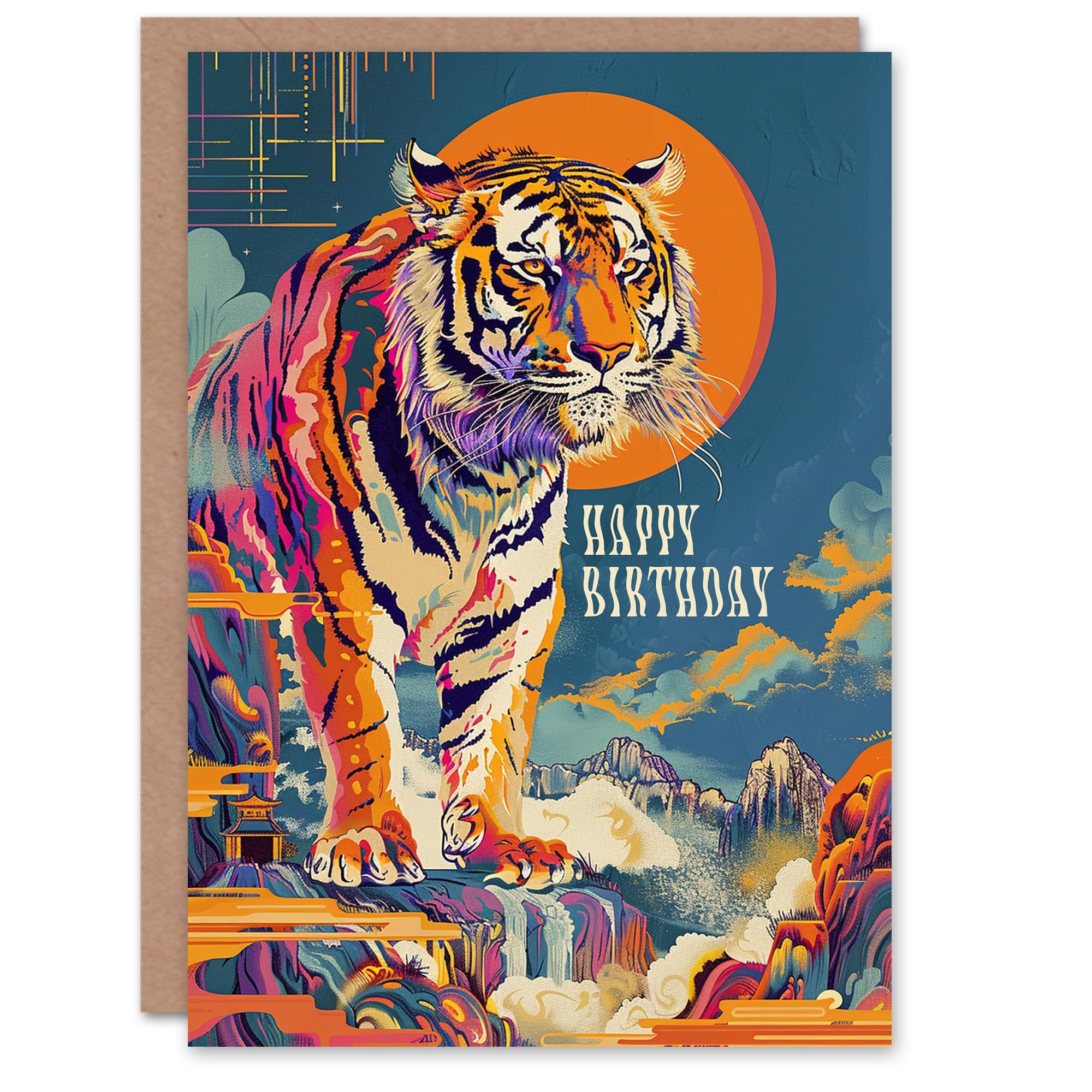 Artery8 Birthday Card Colourful Tiger Japanese Temple Waterfall For Him Man Male Dad Brother Son Papa Grandad Greeting Card