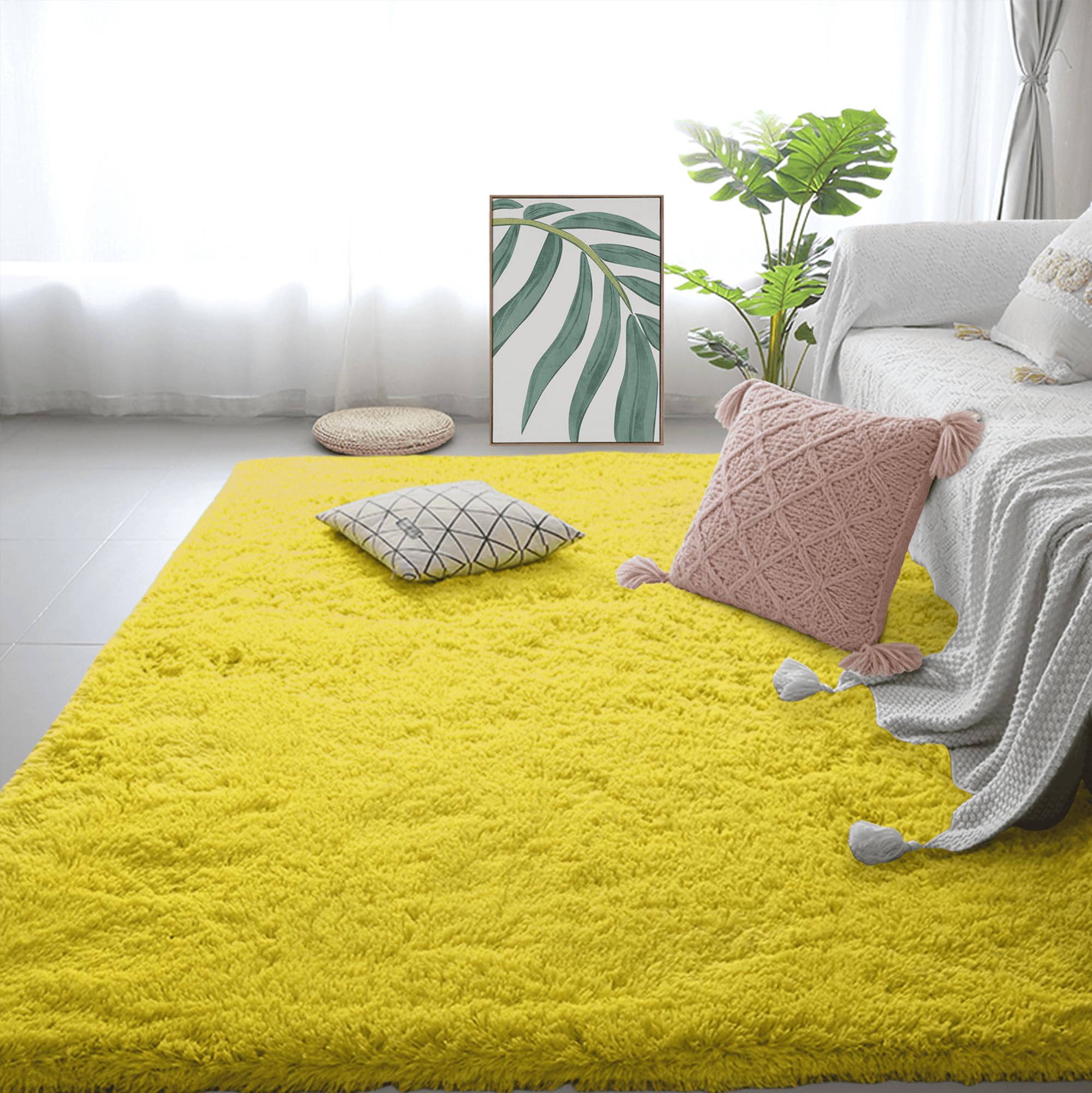 Grand tapis salon 280 x 390 cm shaggy jaune moderne et lavable