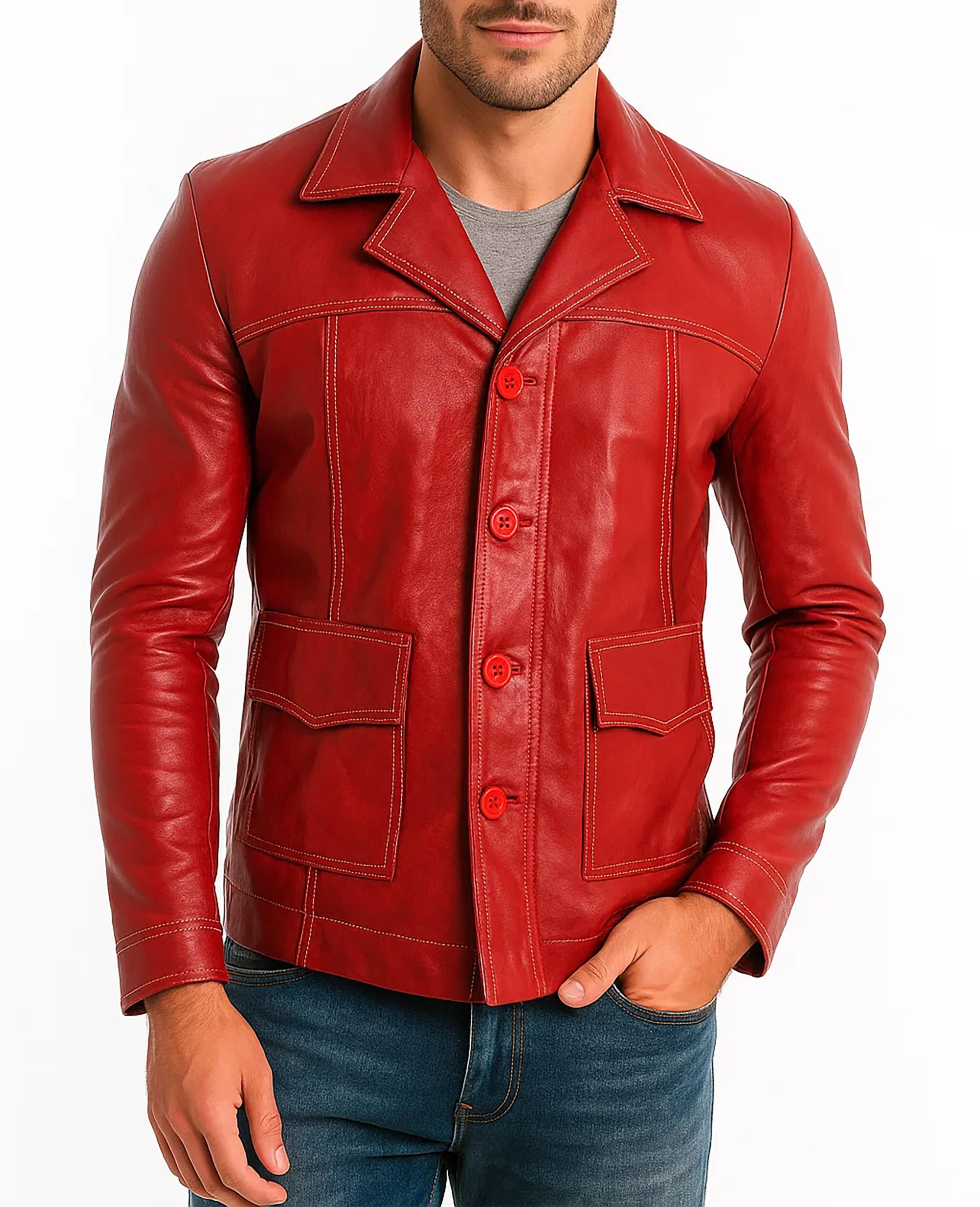 Men's Red Retro Real Leather Motorcycle Coat - Classic