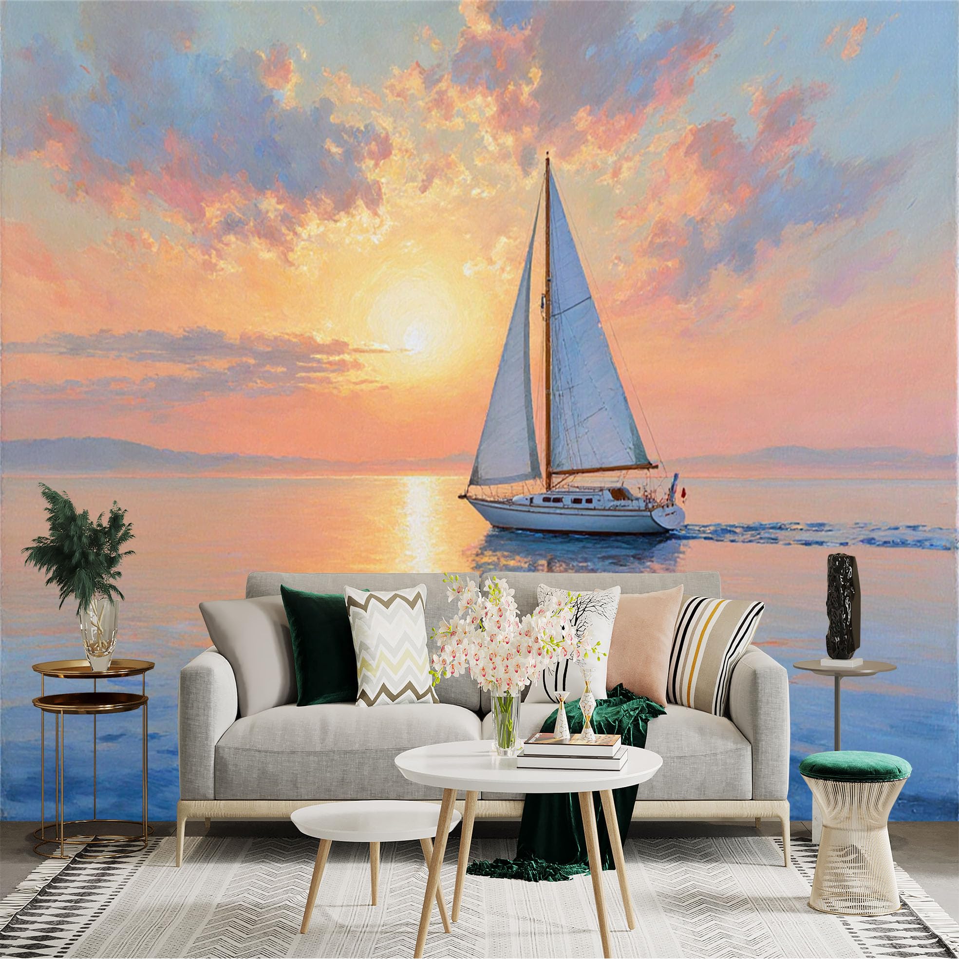 Lnzczhyre Xc260505845 Custom Size Wall Sticker Mural， Sailboat At Sunset， Calm Ocean View， Pastel Cloudy Sky， Sea Nautical Scenery， For Wall Decoration， Peelandstick Wall Decals.