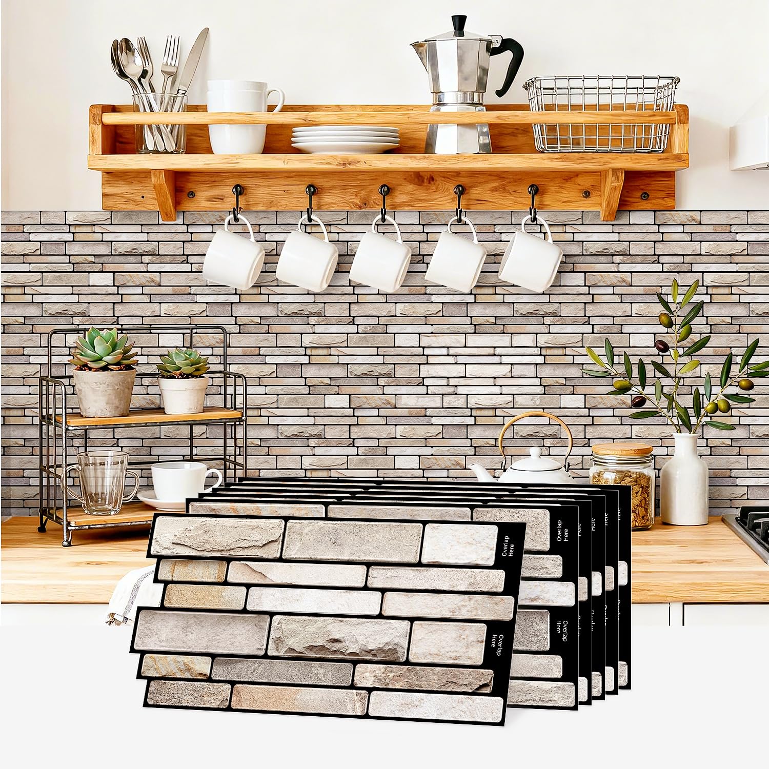20 Sheets Mosaic Brick Effect Tile Stickers, Peel and Stick on Tiles for Kitchen Bathroom Wall Backsplash Vinyl Waterproof Self Adhesive Tile Decals Covers (Cream)
