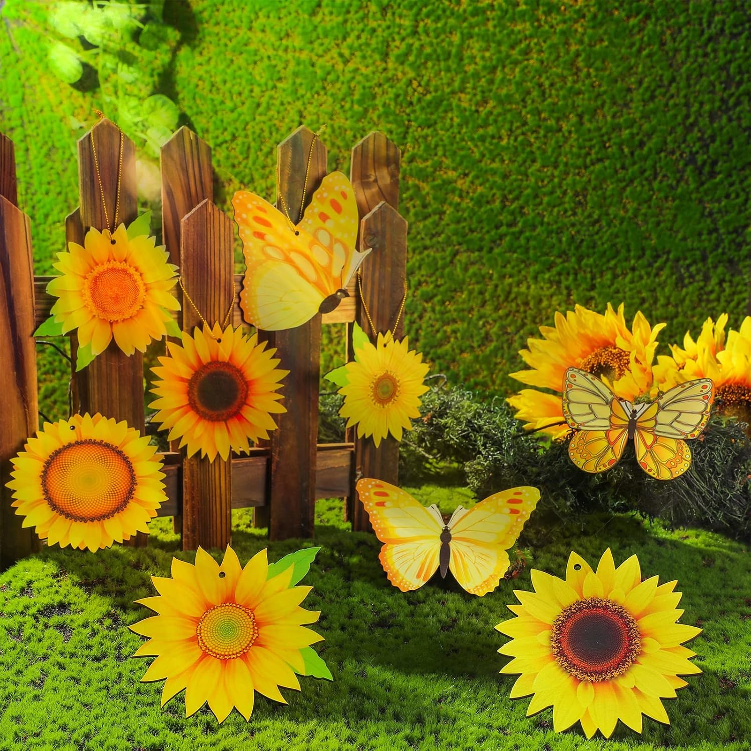 Amyhill 27 Pcs Summer Sunflower Wooden Tree Ornament Set Hanging Butterfly Tree Decoration with Rope Pendant Hanging Tag Wood Cutout Decoration for Home Birthday Party Supplies
