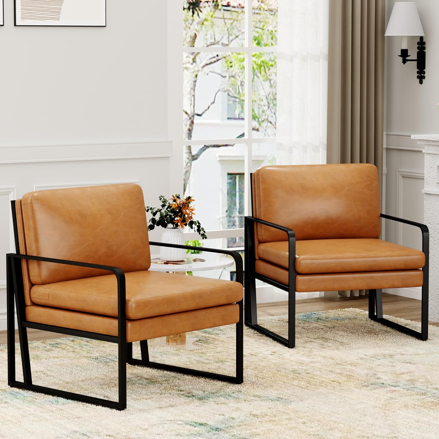 Set of 2 Brown Faux Leather Armchairs with Metal Frame
