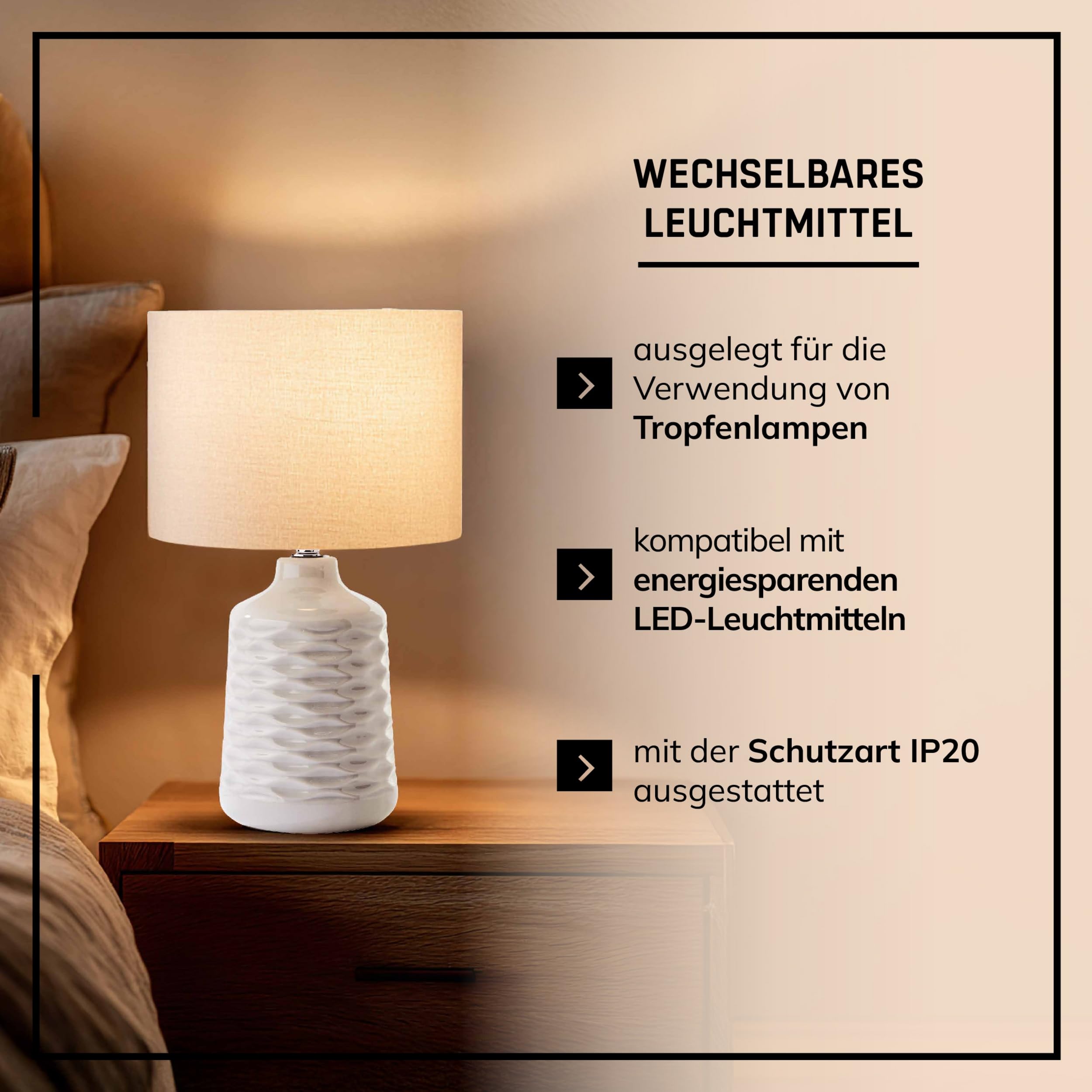 Lightbox Keramik Tischlampe - graue Tischleuchte mit weißem Stoffschirm - Lampe für Wohnzimmer & Schlafzimmer - exkl. E14 LED