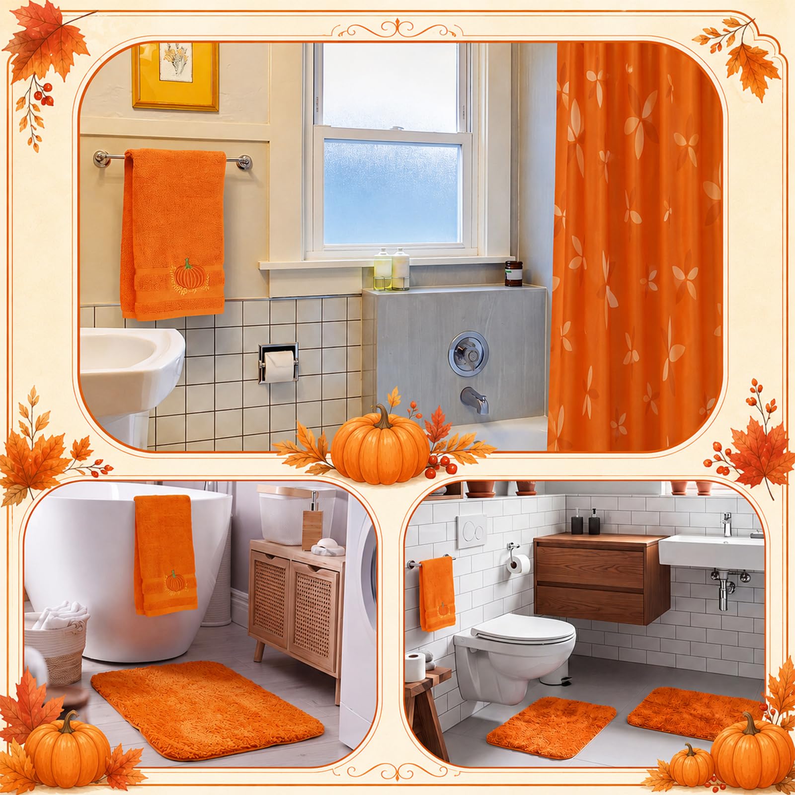Frienda Duschvorhang-Set mit Teppichen und Handtüchern, Herbstblätter, Badezimmer-Duschvorhang mit Haken, rutschfest, saugfähig, Mikrofaser, Kürbis-Badetücher für Herbst, Badezimmer, Dekoration