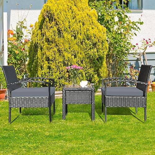Miniatura 3 de HAPPYGRILL Juego de 3 piezas de conversación para patio, juego de mimbre de ratán al aire libre con mesa de centro para jardín, balcón y patio